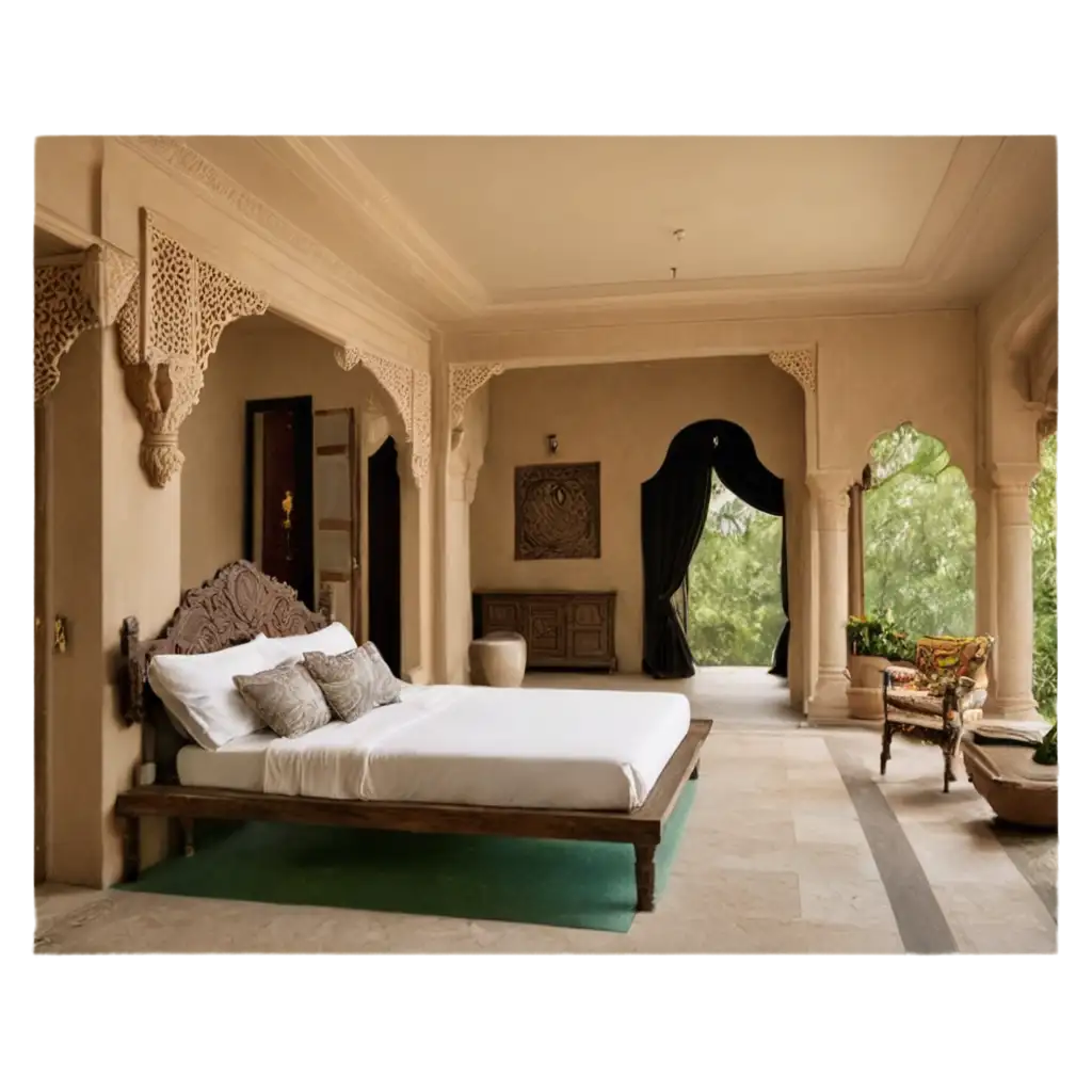 Luxury Villas Private units with verandas, inspired by Rajasthani chhatris, featuring jharokhas and private courtyards.nModern interiors with local crafts, including block-printed textiles and stone inlays.