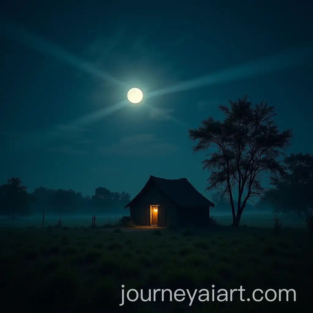 Moonlit-Night-Over-a-Solitary-Mud-and-Thatched-Village-House-with-a-Sleeping-Grandmother