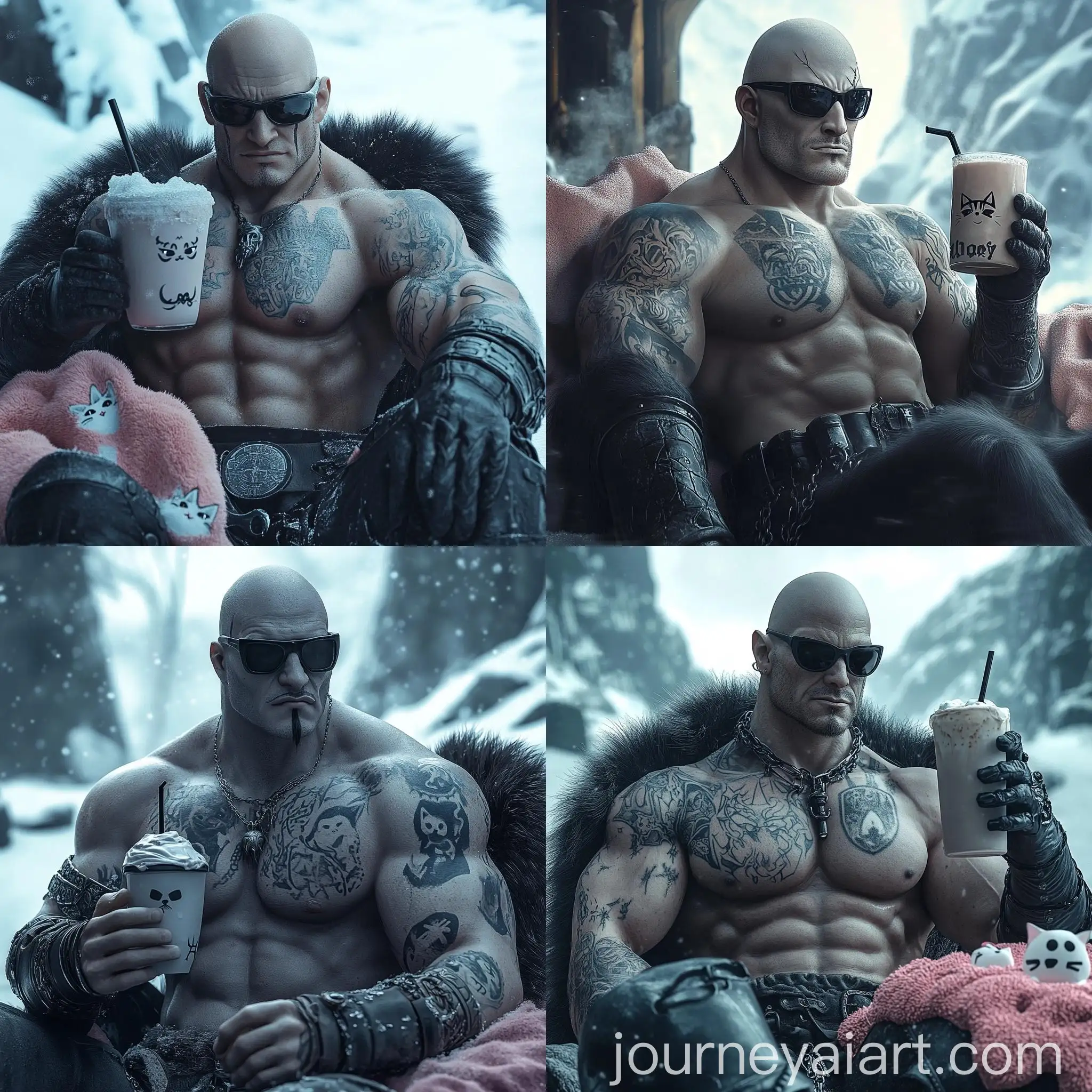 Muscular-Bald-Man-with-Nordic-Runes-Tattoos-and-Fullmetal-Iron-Greaves-in-Snow-Bath