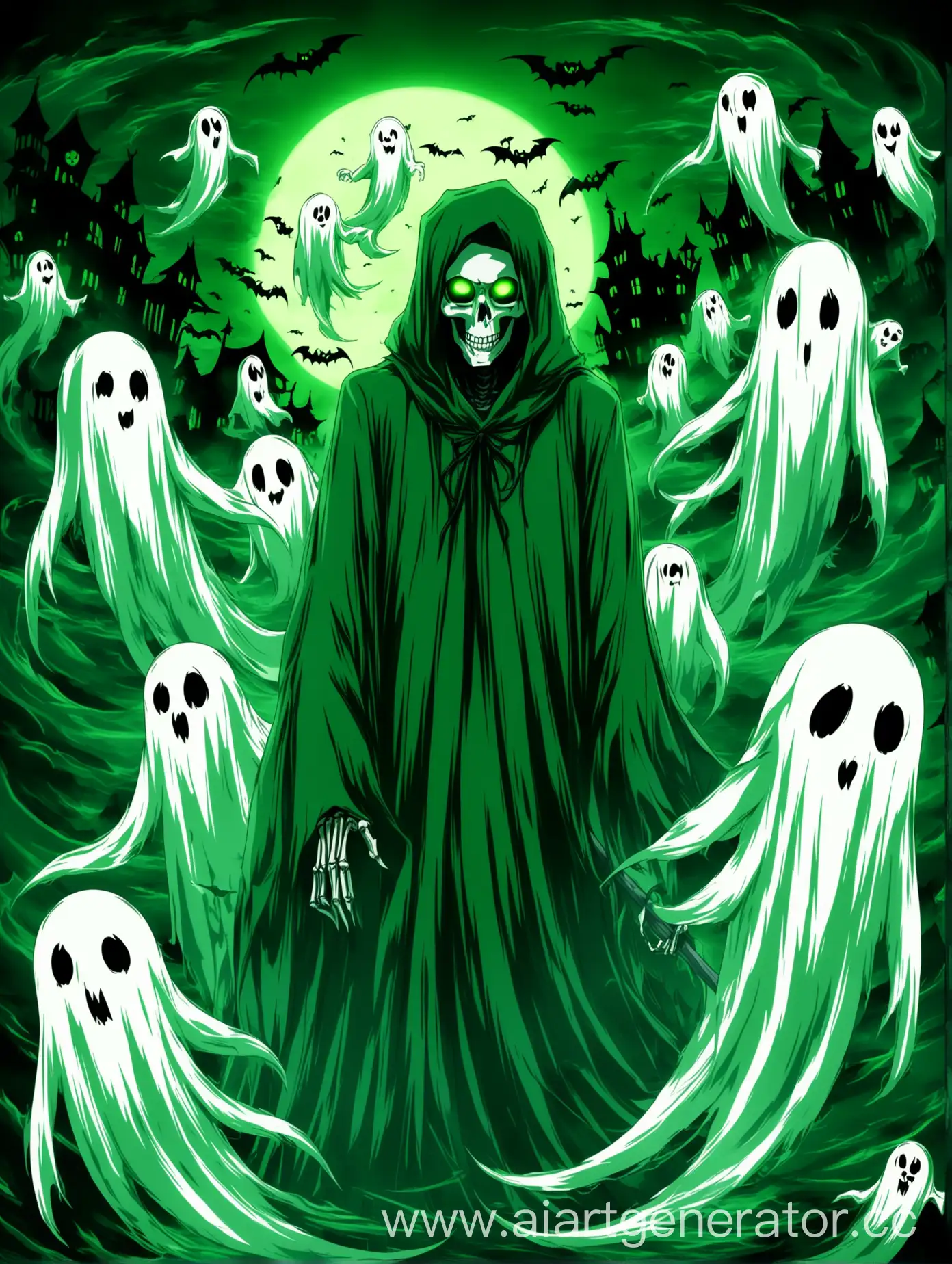 Anime-Style-Green-Reaper-with-Ghosts