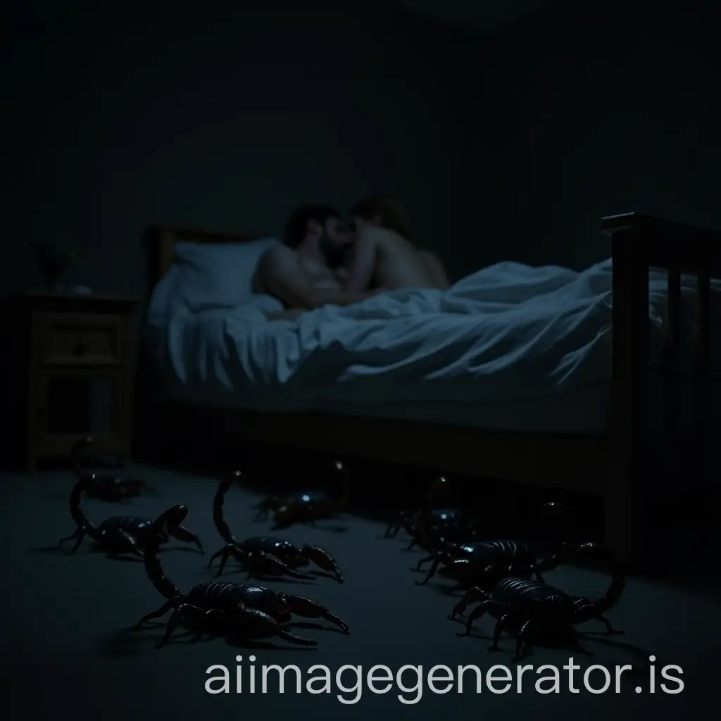 A dimly lit room with dark lighting. Clearly visible on a bed is the silhouette of two people completely covered by sheets, in an intimate position but without exposure. The focus is on the contrast with the surroundings: the floor is covered with shiny black scorpions, some crawling up the bed legs. The scene conveys imminent danger and vulnerability.