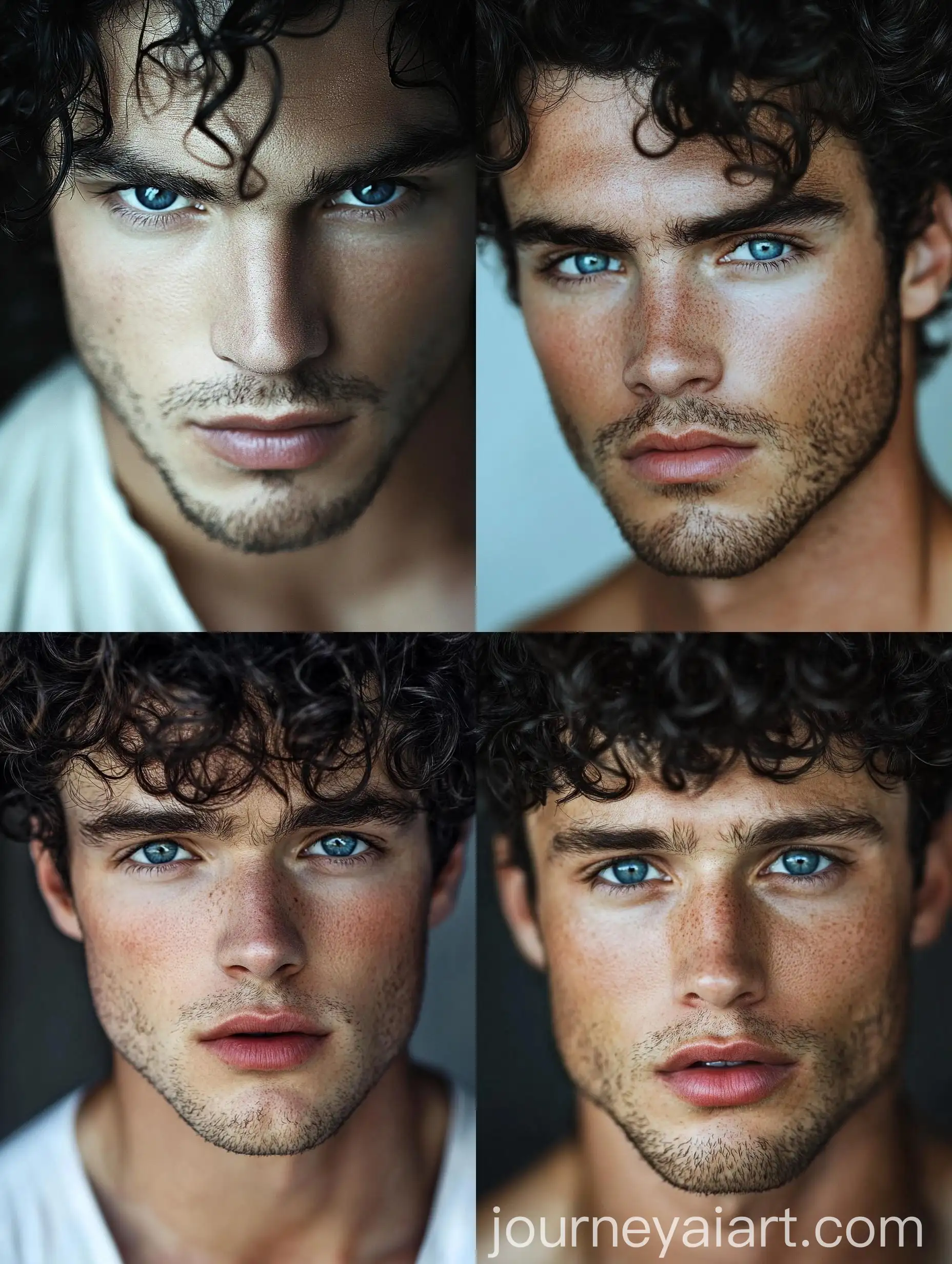 Portrait-of-a-Handsome-Man-with-Dark-Blue-Eyes-and-Curly-Hair