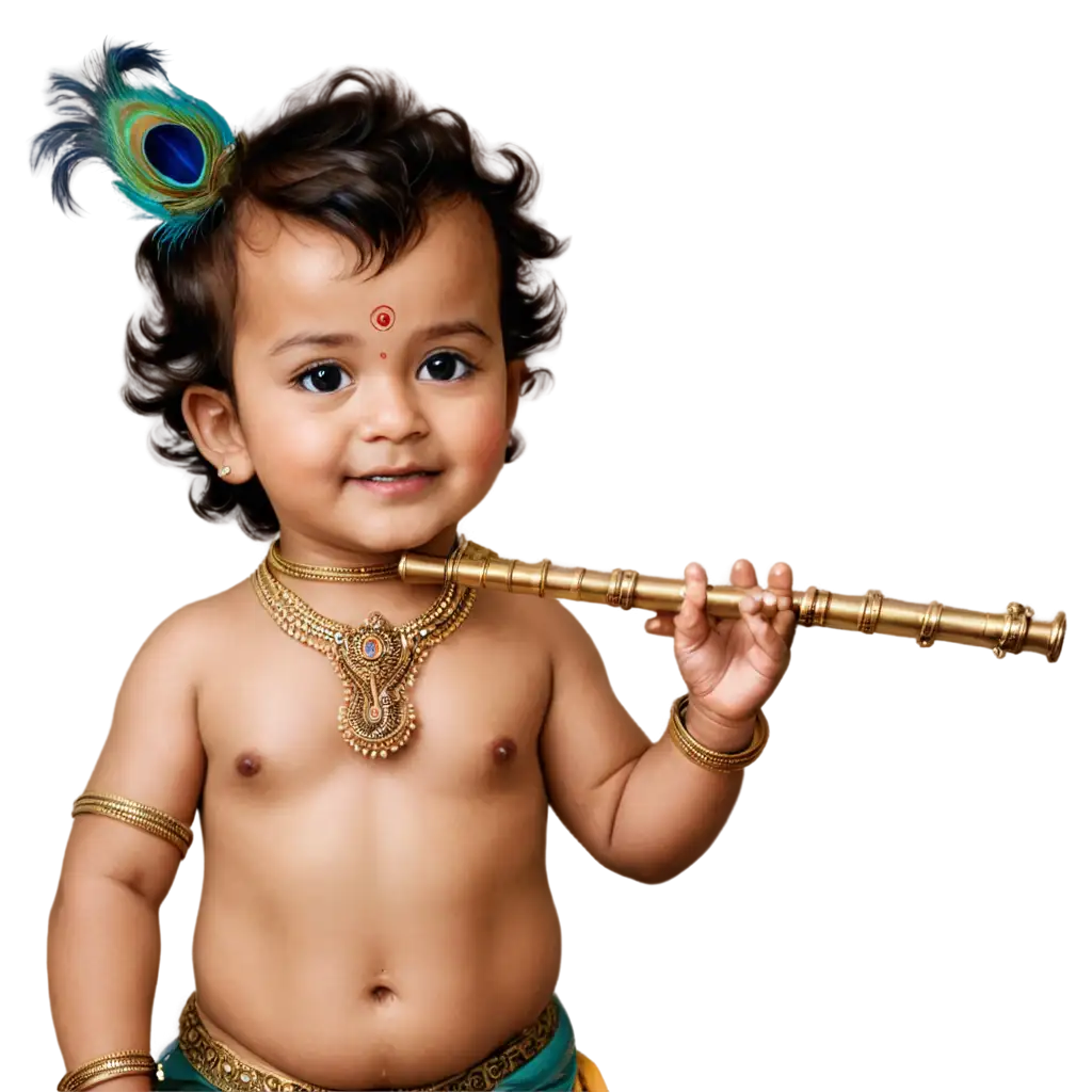 Adorable-PNG-Image-of-Baby-Krishna-with-Flute-Jewellery-and-Peacock-Feather