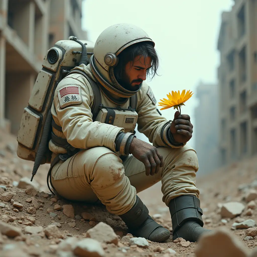 An astronaut in an old ragged space suit, no helmet, sitting in a ruined city. He has long hair, and stubble. He is sitting down on some rubble, he is holding yellow flower in his hand and is staring at it