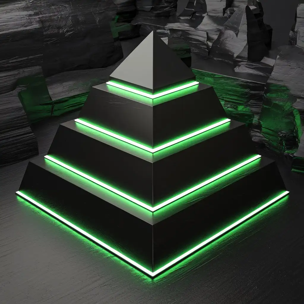 pyramid 3 steps black with green neon on rocks 3d