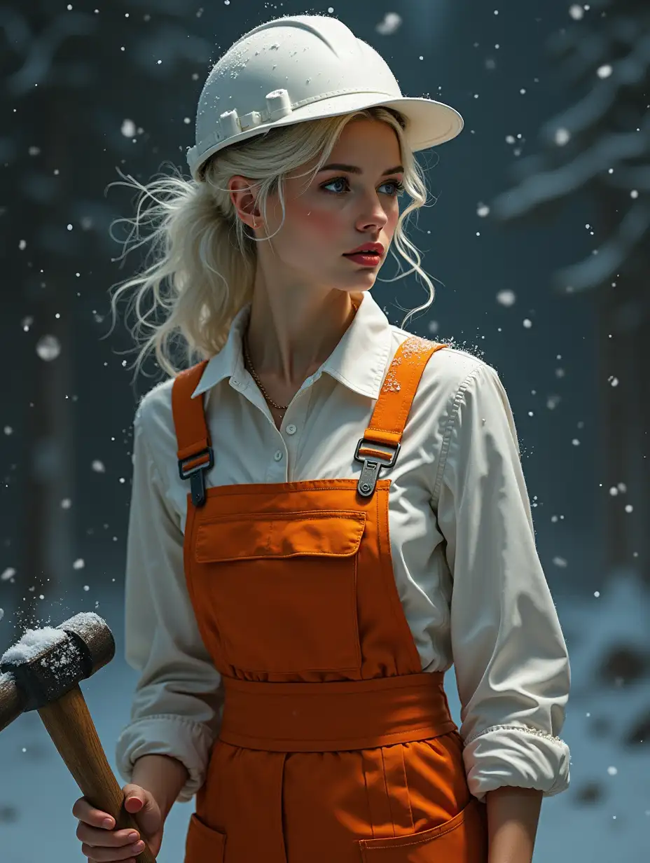 Extremely beautiful with white hair, very detailed, young hot woman, easy to talk to, affectionate, enthusiastic, intricately detailed lighting, surreal, abstract, dark night. House renovations are going on around. This realistic photograph shows an elegant woman in her white and orange work uniform with hammer in hand. It is winter, with snow falling around her. The image is of exceptionally high quality, with sharp details and vibrant colors that truly bring the subject to life. This mesmerizing image conveys her beauty and strength, making her appear fragile and powerful at the same time. The scene comes alive with vibrant colors and intricate details, creating a realistic and captivating painting that exudes a sense of grace and hard work. Every stroke and color choice enhances the intricate depiction of this captivating subject, demonstrating the artist's skill and dedication to her craft.