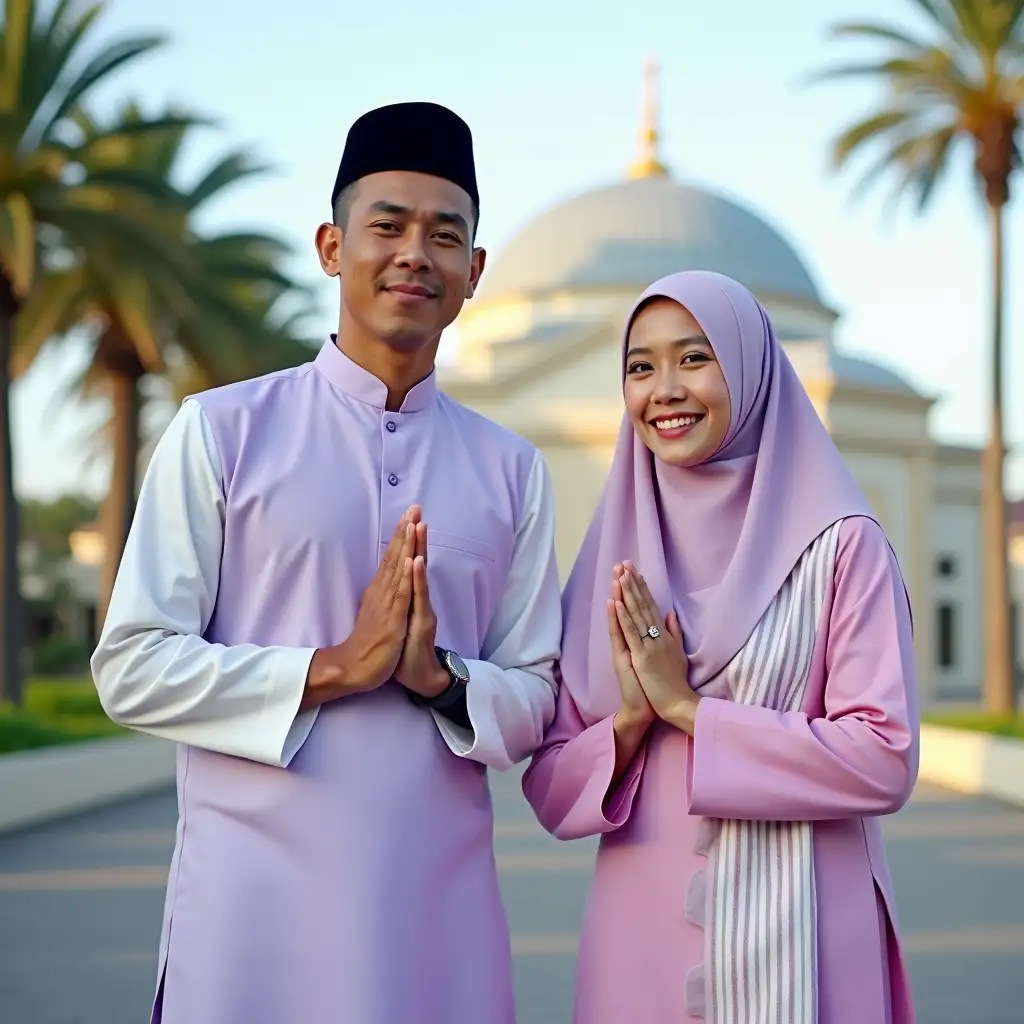 Prompt dasar: Close up half body shot of a fair skinned (age 25_an) man wearing black hat, a light purple long sleeved shirt with simple white sleeves, a white and purple striped sarong with a wide-headed Syariah woman (age 20) wearing pink light colored shirt with same motif as male, pose standing with hands in namaste, slightly smiling towards camera, background: pose beside mosque, tall palm trees rising high during bright sunny day adding warmth to the atmosphere. Photo