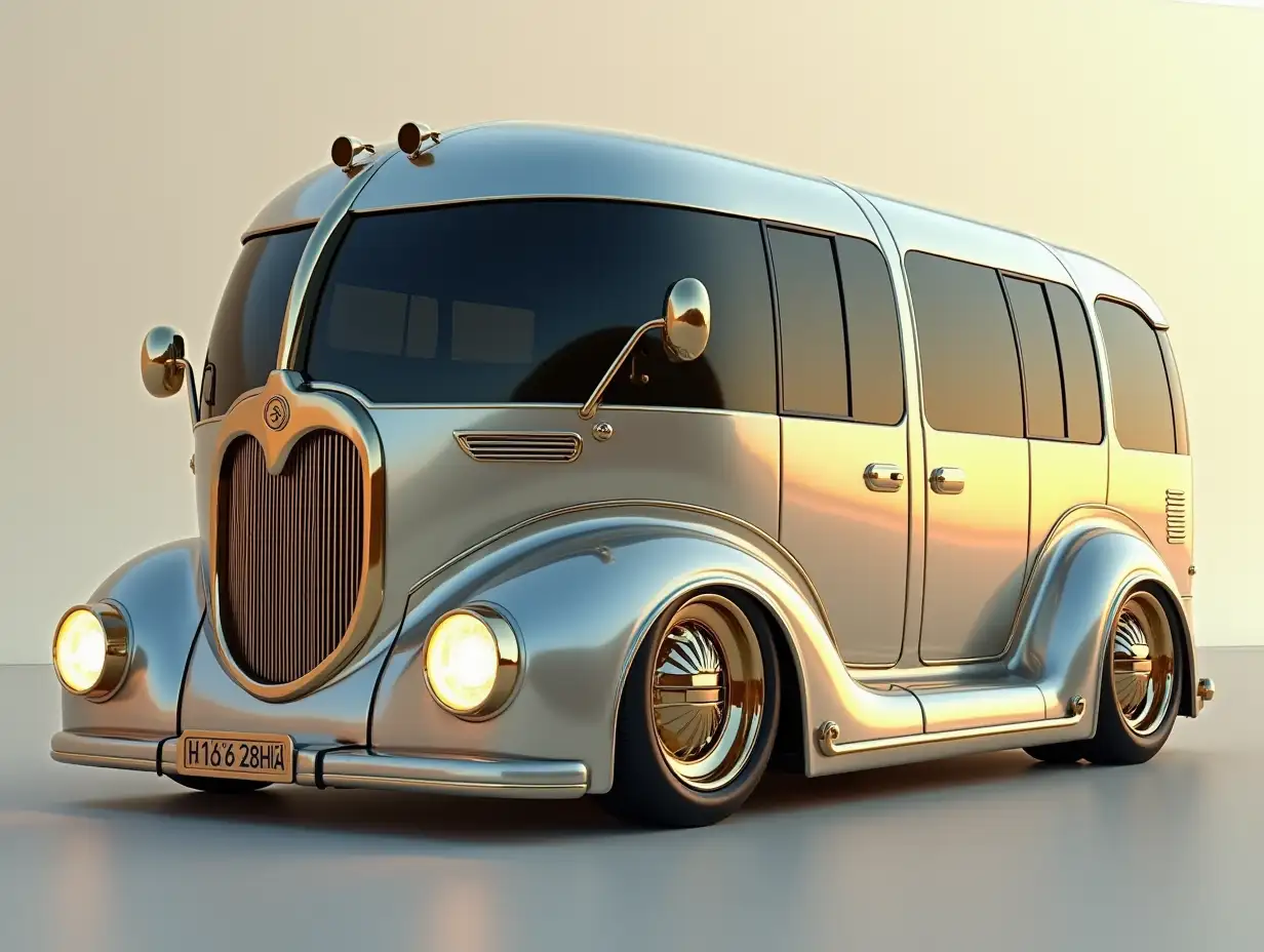 A super modern utopian sports bus with a clock, lowered body, 18-inch rims, aluminum wheels, cream silver gold, Cyberpunk.