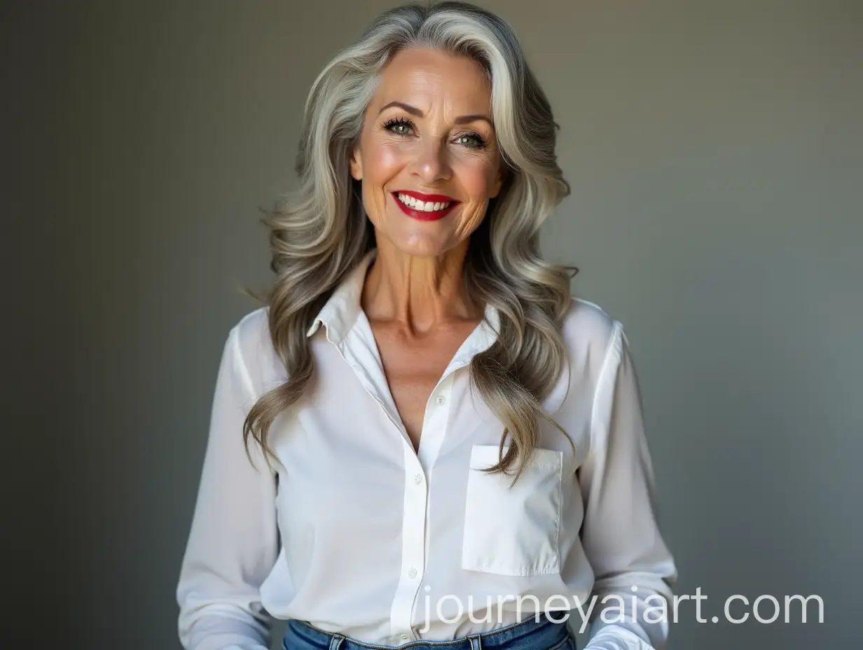Elegant-60YearOld-Woman-with-Grey-Hair-and-Red-Lips-in-White-Shirt-and-Jeans