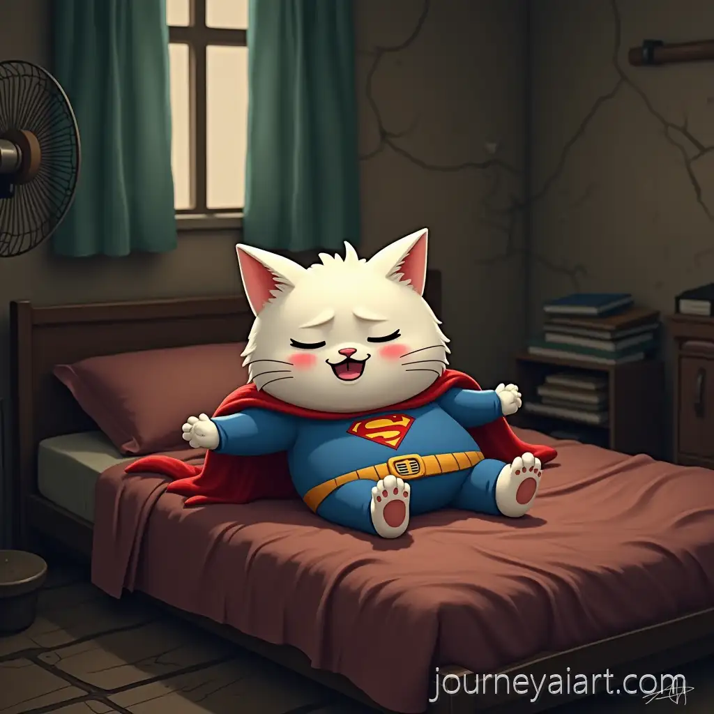 Chubby-WhiteChubby-cat-in-Superman-costume-Cat-in-Superman-Costume-Relaxing-on-a-WornOut-Bed