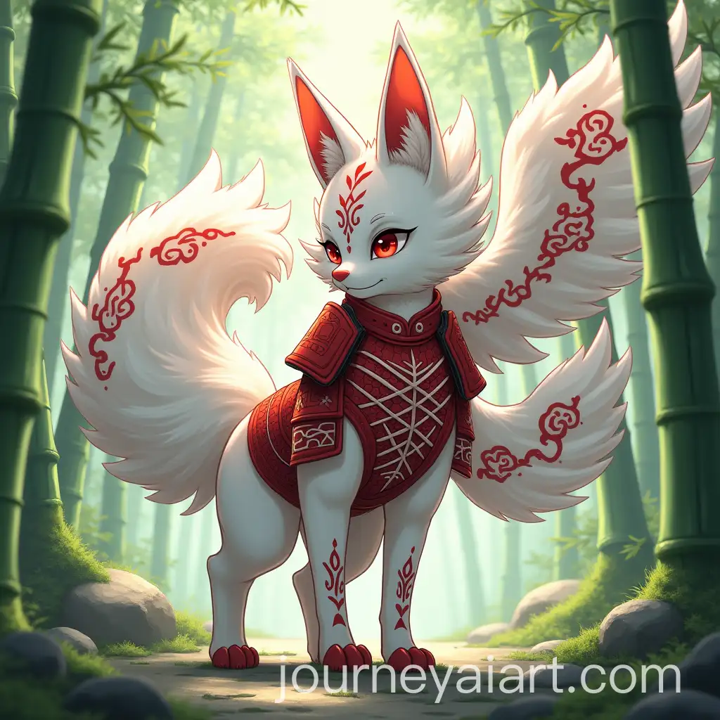 Mystical-Female-Kitsune-with-Nine-Tails-and-Feathered-Wings-in-Japanese-Forest