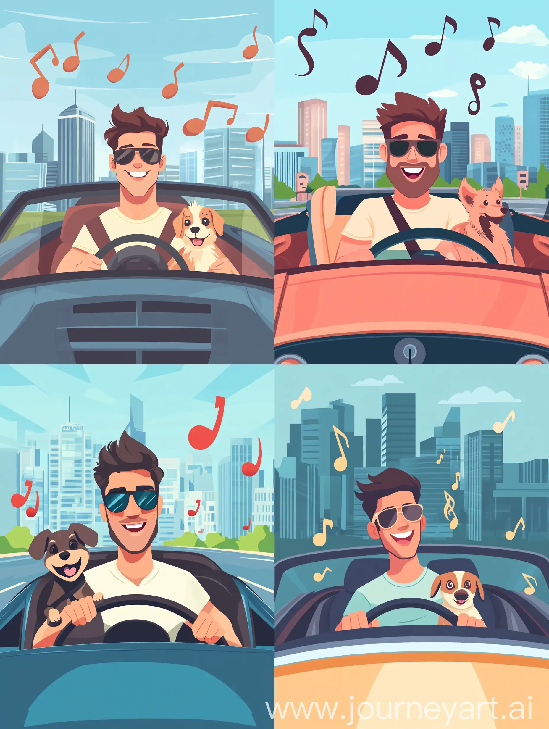 Man-Driving-Convertible-Car-with-Dog-City-Skyline-Background