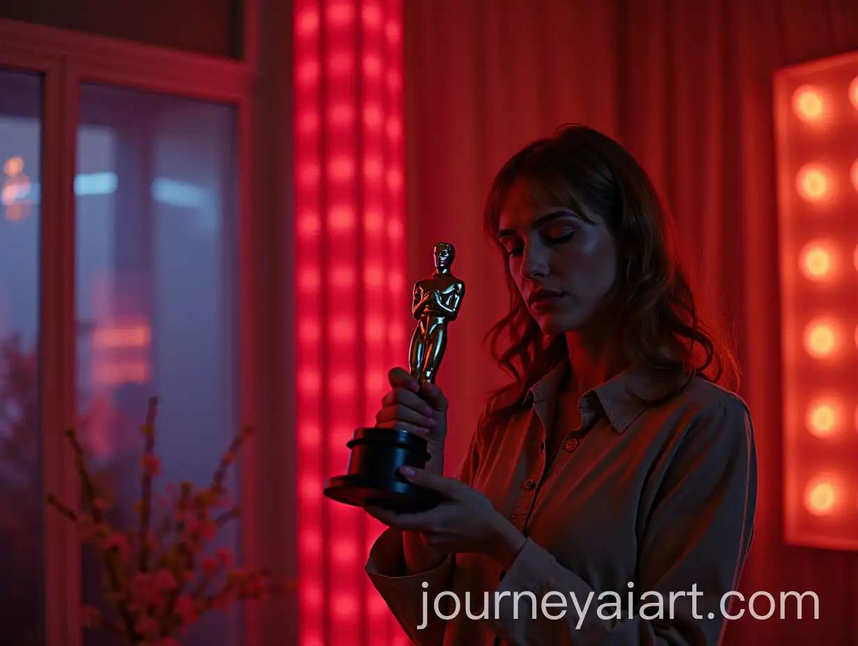 1970s-Model-Holding-Oscar-Award-on-NeonAI-Image-Prompt-ExpansionLit-Stage-with-Polka-Dot-Pattern