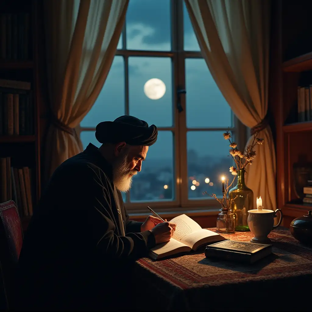 poet Ferdausi who writes a book of poetry and behind him is a window Iran and moonlight