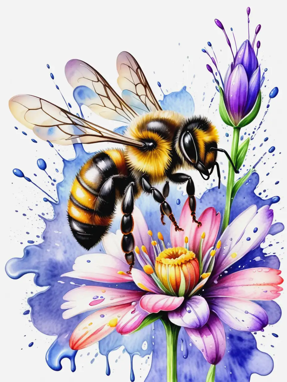 Bee-on-Spring-Flower-with-Watercolor-Splash-Background