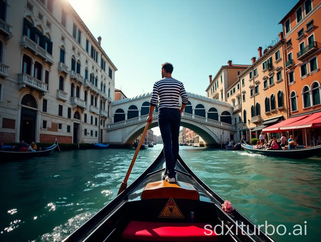 Gondolier-Standing-on-Boat-Venice-View-with-Rialto-Bridge-in-Background