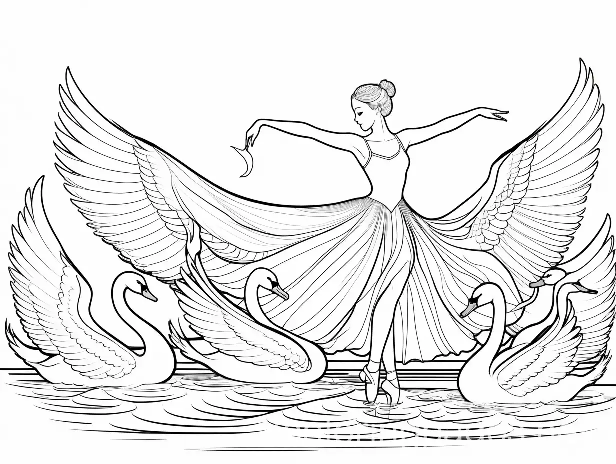 sexy ballerina dancing with swans, Coloring Page, black and white, line art, white background, Simplicity, Ample White Space. The background of the coloring page is plain white to make it easy for young children to color within the lines. The outlines of all the subjects are easy to distinguish, making it simple for kids to color without too much difficulty