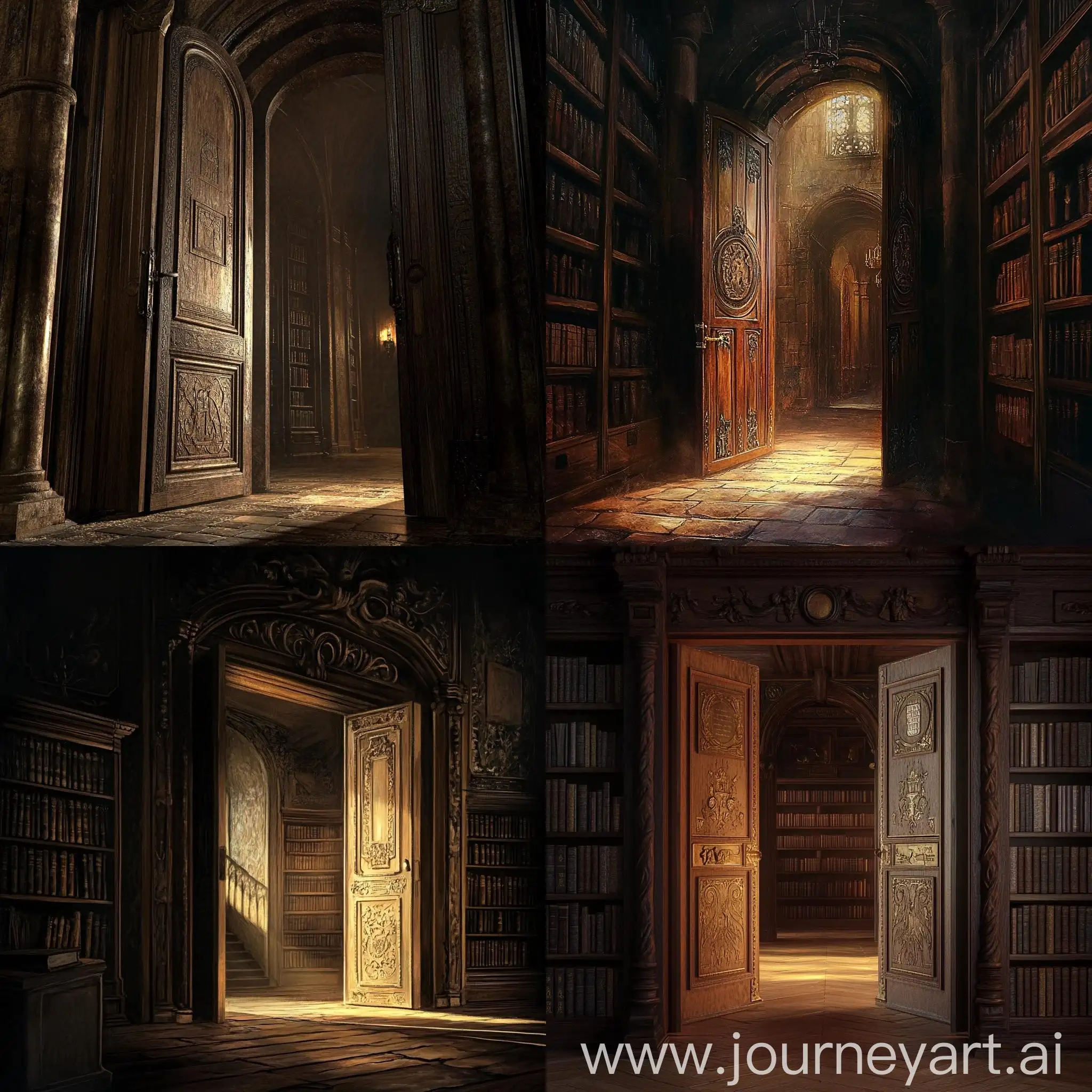 Ancient-Library-Interior-with-Illuminated-Wooden-Doors