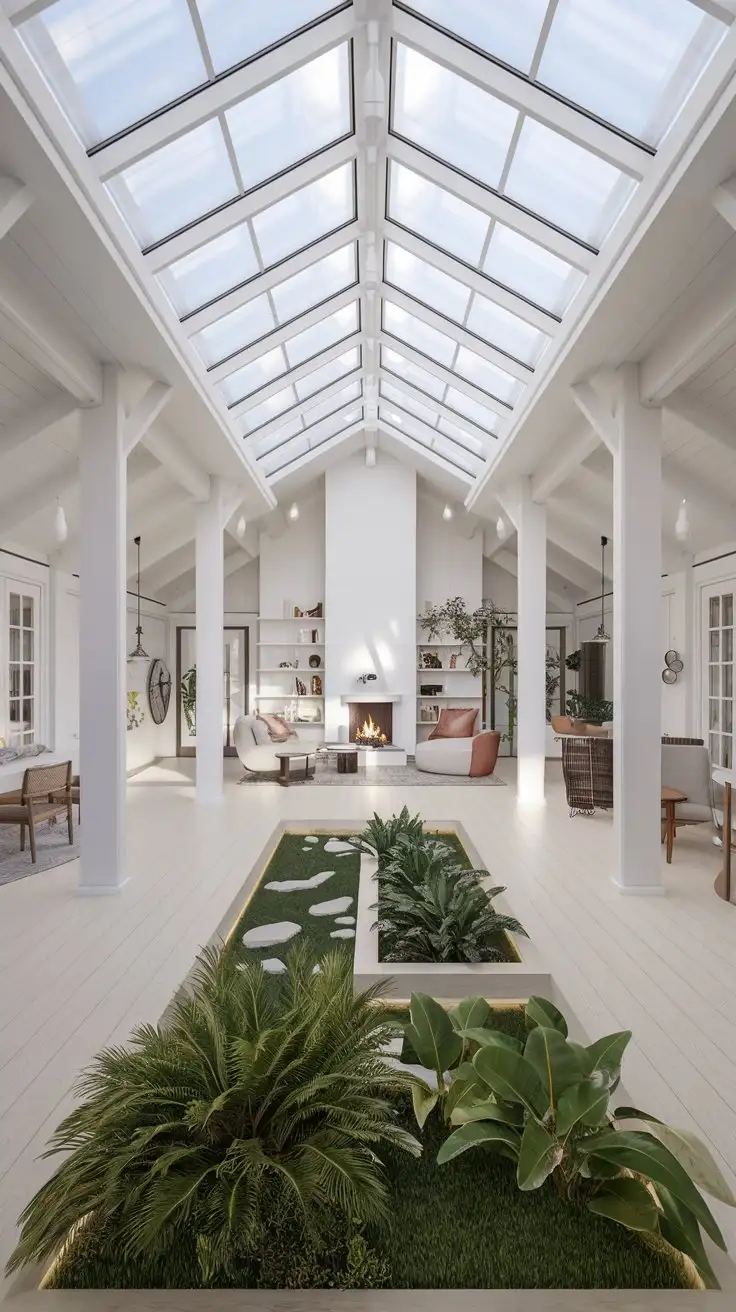 Interior, wide shot of a spacious, light-filled underground home living room. Modern Scandinavian design, white walls, light wood floors, large skylights. Indoor garden integrated into the living space, lush green plants. Fireplace, comfortable modern furniture, minimalist decor. Soft, diffused natural light, high-resolution, interior design photography, airy and bright atmosphere.