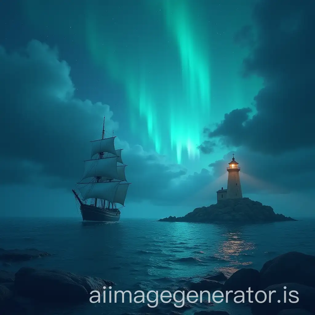 A ship sails towards the lighthouse on the sea with a storm and Northern Lights