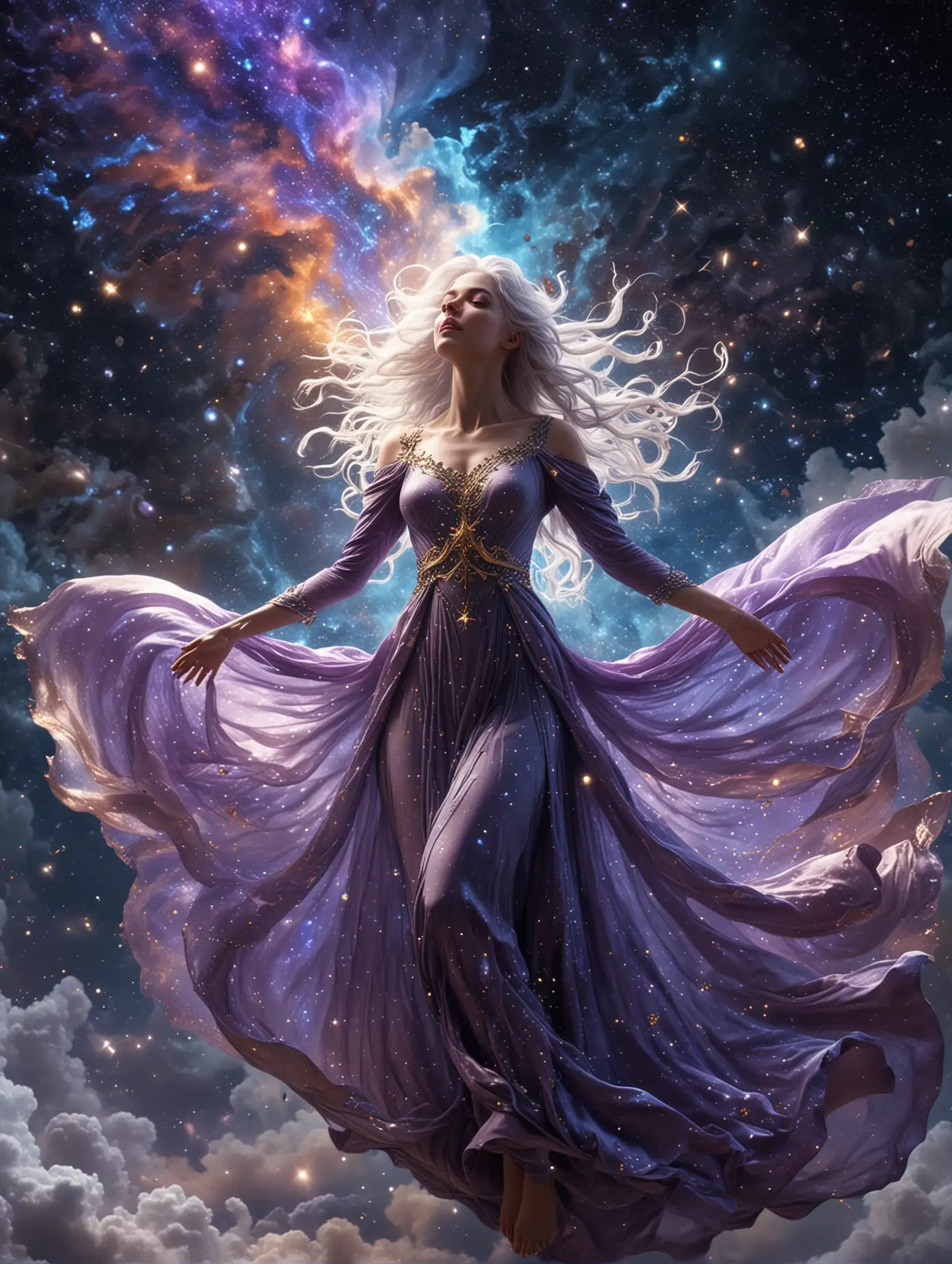 A celestial goddess with luminous silver hair, wearing a gown made of stardust, descending from the heavens. Her presence is otherworldly, with a soft glow emanating from her body. Behind her, a cosmic nebula swirls with deep purples, blues, and golden constellations. Her wings shimmer like galaxies, and a trail of cosmic dust follows her as she moves. Hyper-detailed, 8K, photorealistic, ethereal fantasy aesthetics, celestial ambiance, ultra-high quality rendering.