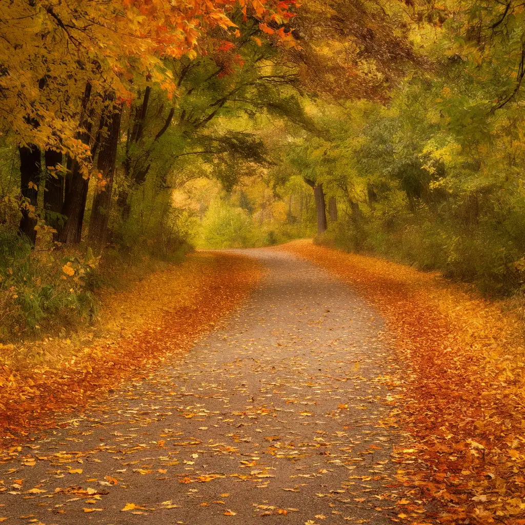 vantage point,A serene and picturesque autumn pathway, blanketed in a carpet of fallen leaves in various shades of orange-yellow, red-yellow, and gold-yellow. The trees on either side are adorned with lush autumn foliage,forming a canopy overhead,forming a canopy overhead. The soft, diffused light enhances the warmth and beauty of the scene.