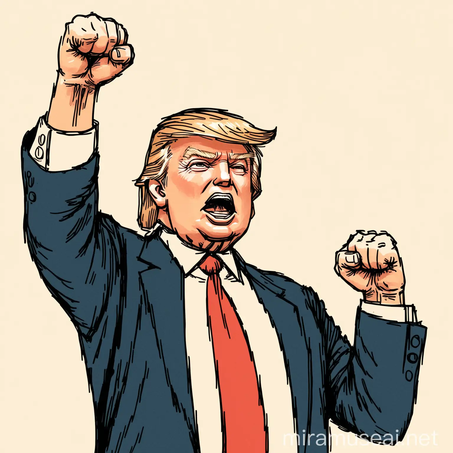 HandDrawn Illustration of Donald Trump Raising a Fist