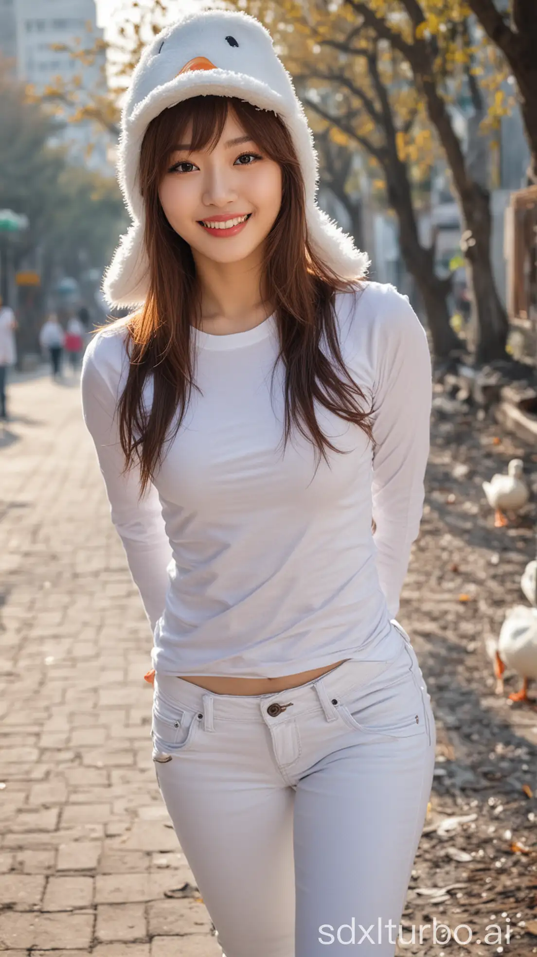 Chinese-Beauty-in-Winter-Morning-with-Cute-Actions-and-Duck-Head-Hat