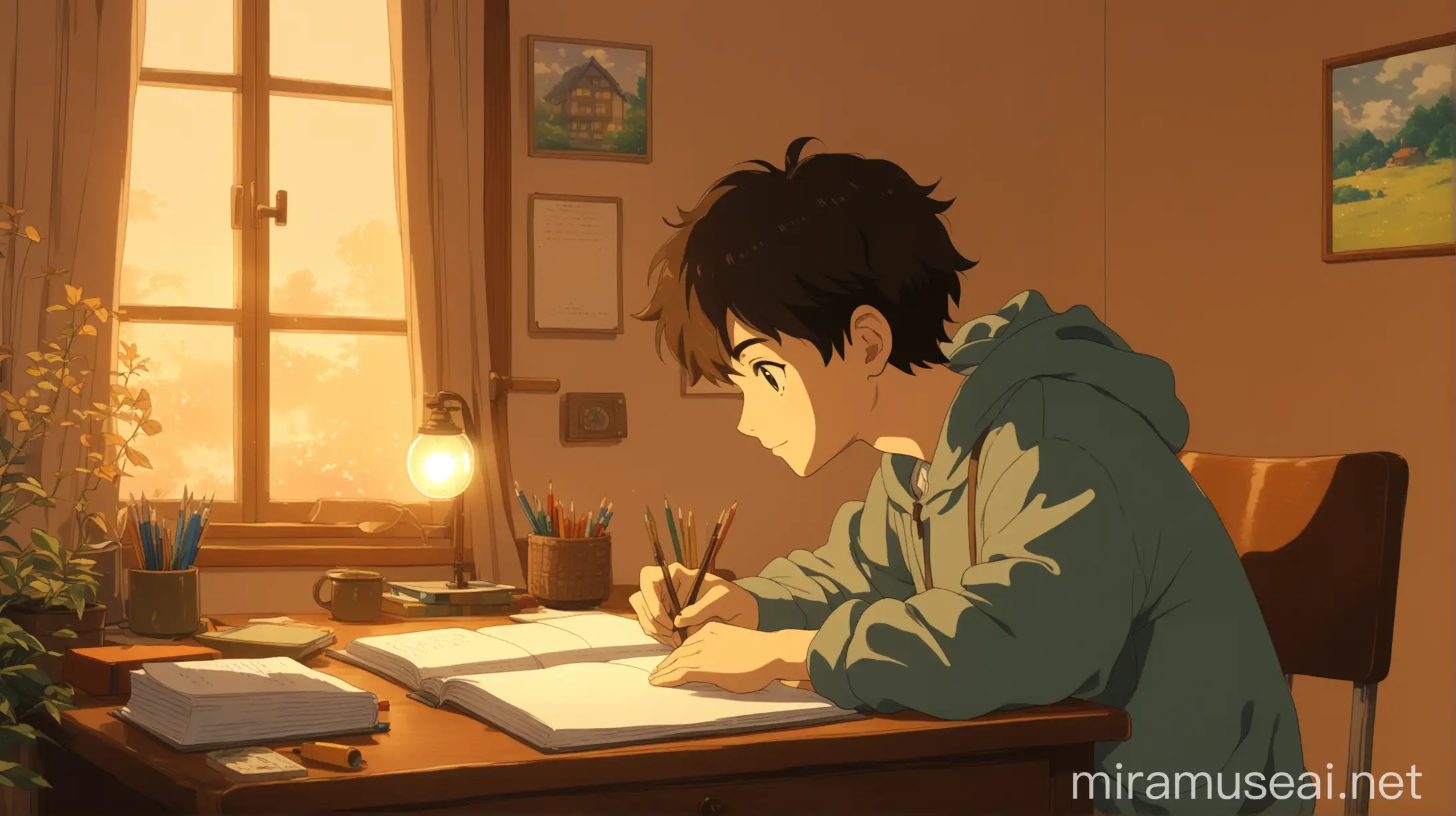 Cozy Studio GhibliStyle Boy Studying in Warmly Lit Room