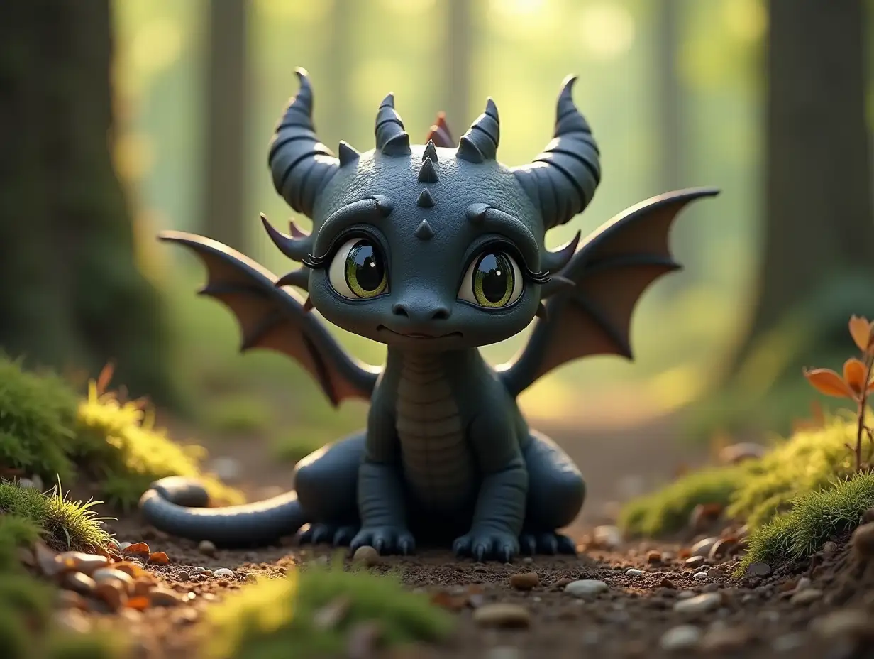 sad tiny black dragon with tears in his eyes, sitting on a clearing in the forest, on a sunny day