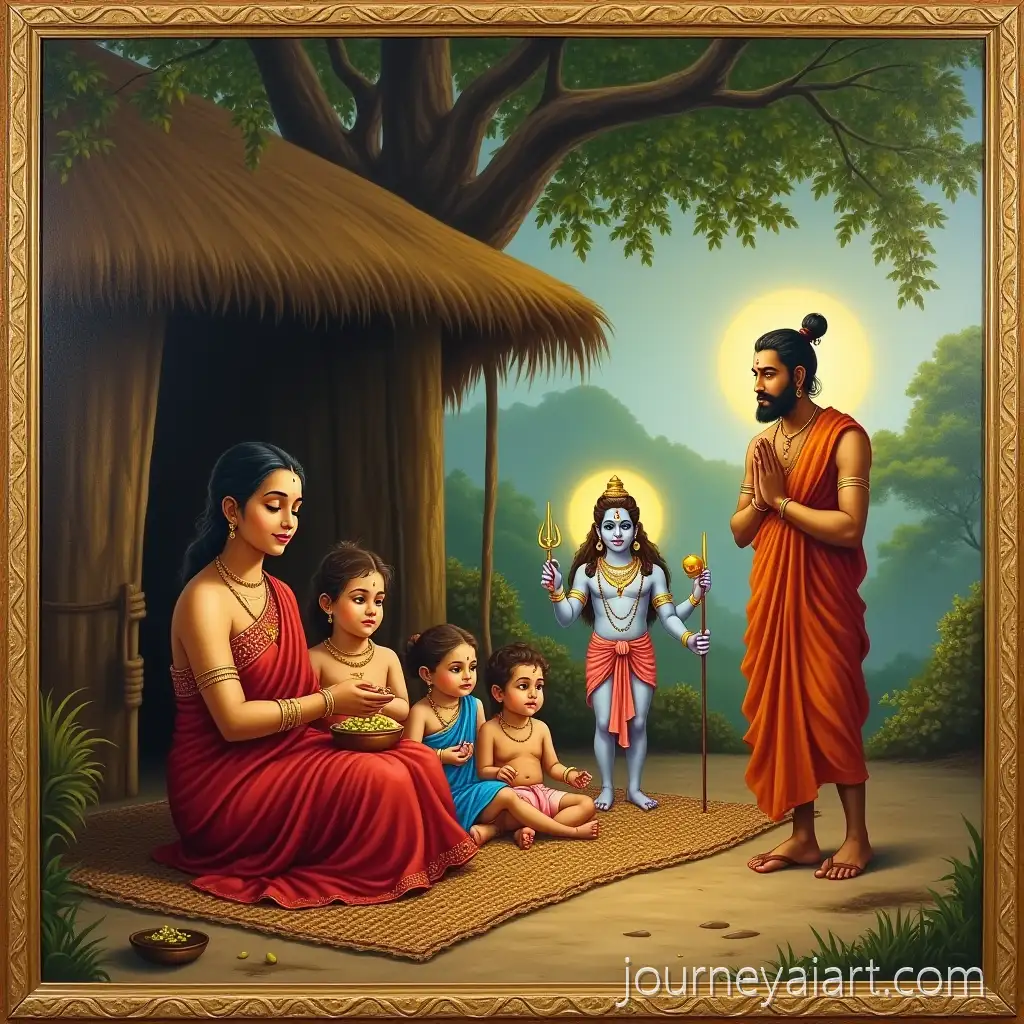 Devotional-Indian-Mythological-PaintingIndian-mythological-painting-of-Sage-Atri-Anasuya-and-Divine-Children-in-a-Serene-Forest-Setting