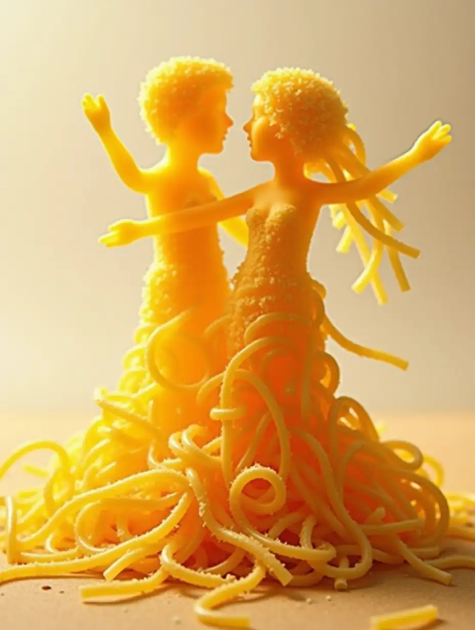 Spaghetti in the form of little people dancing waltz