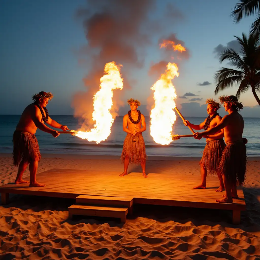 A theatre podium on the beach with men in traditional Hawaiian attire performing an impressive fire breathing show.