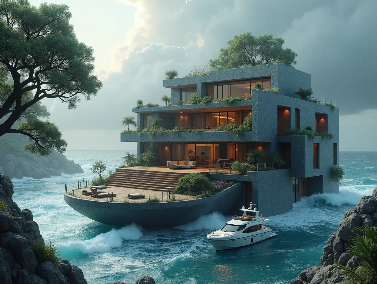 Create a high-resolution, realistic panorama image of a futuristic terrace building with steps to the sea window snail house with many plants and gray and brown facades a yacht on the sea very large waves, large trees, gray sky with lightning and storm and snow