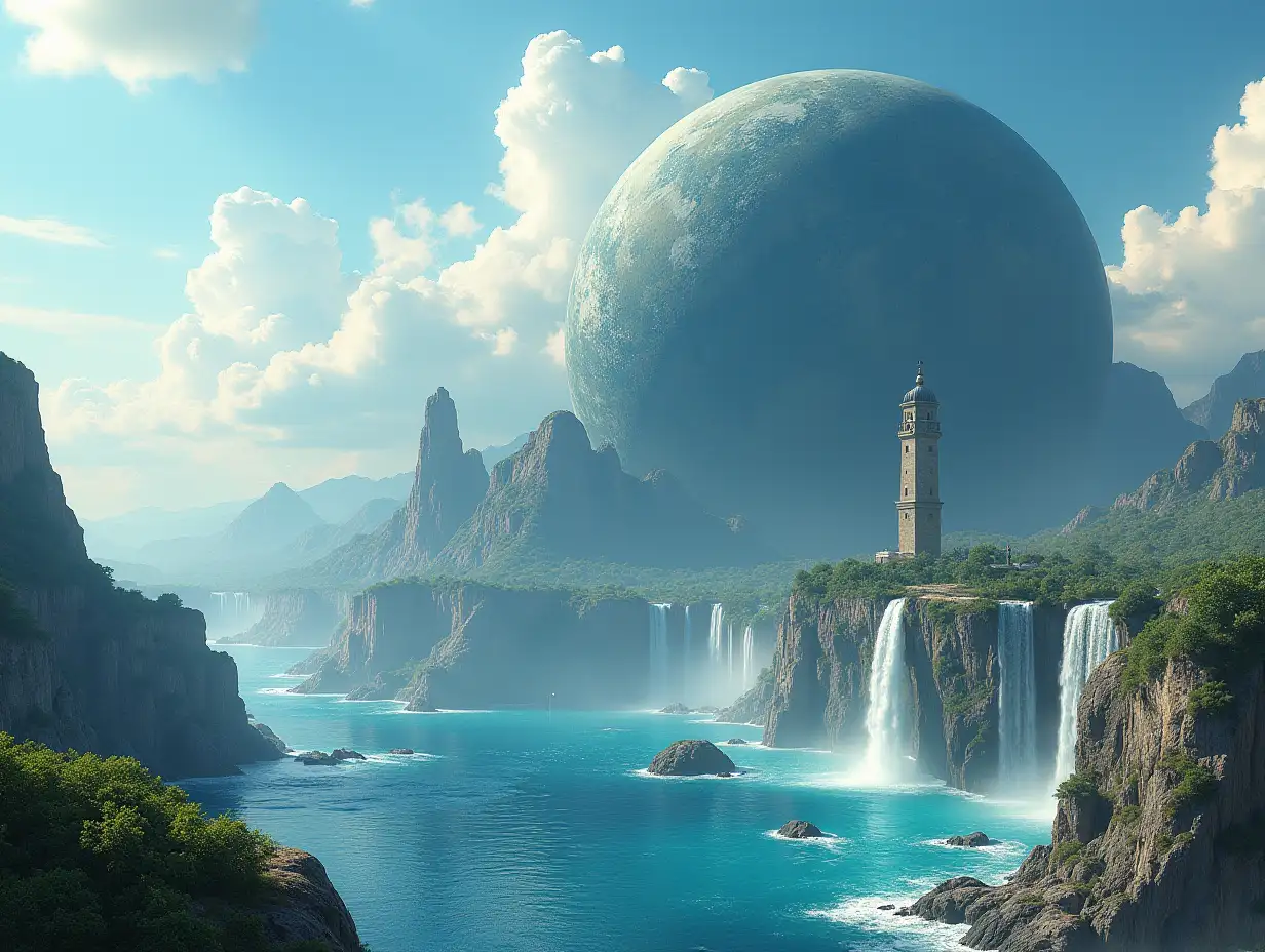 Create for me a photorealistic image of Paradise on a large planet with towers, sea and waterfalls