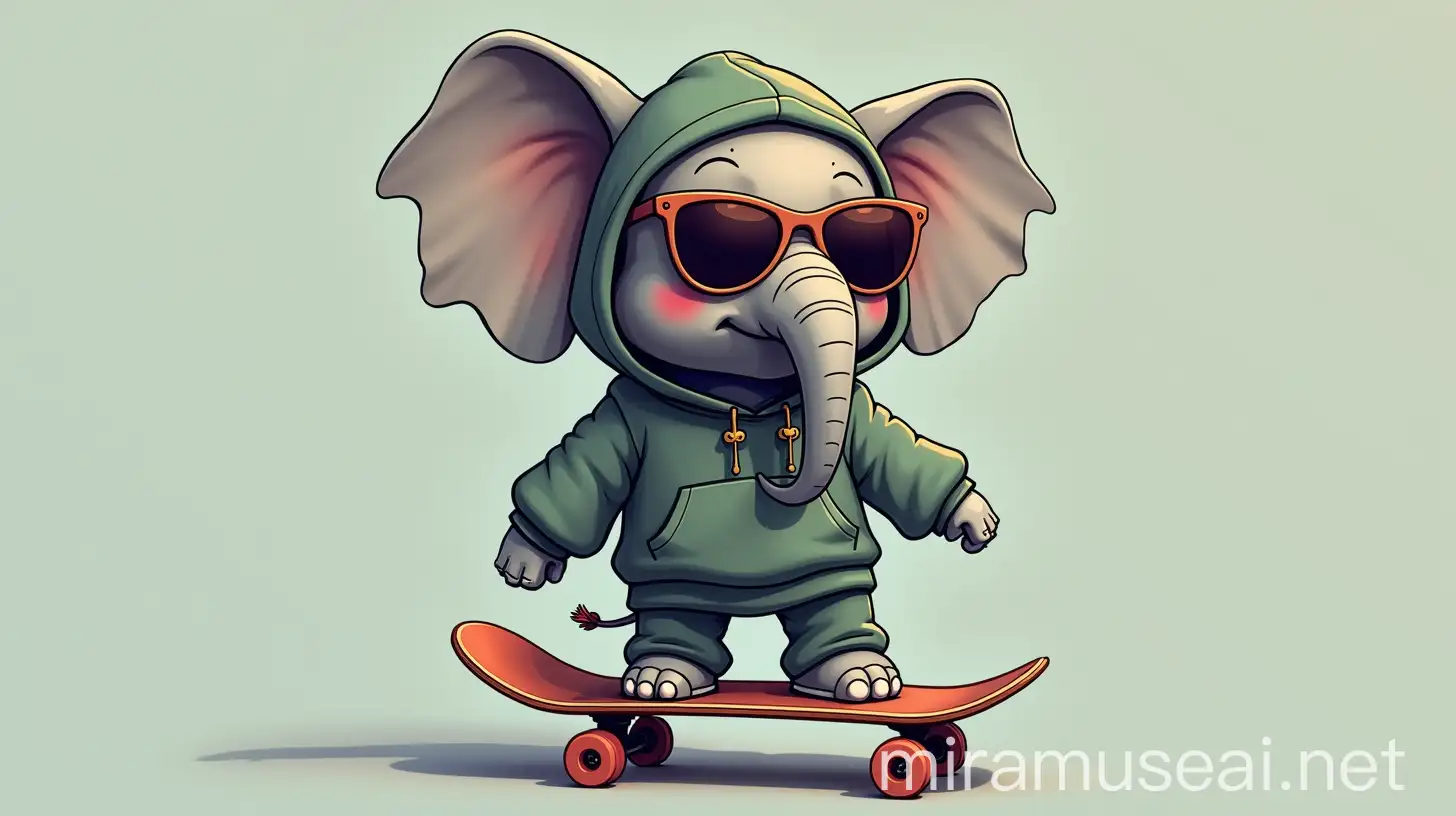 Cool Elephant Character Skateboarding in Hoodie and Sunglasses