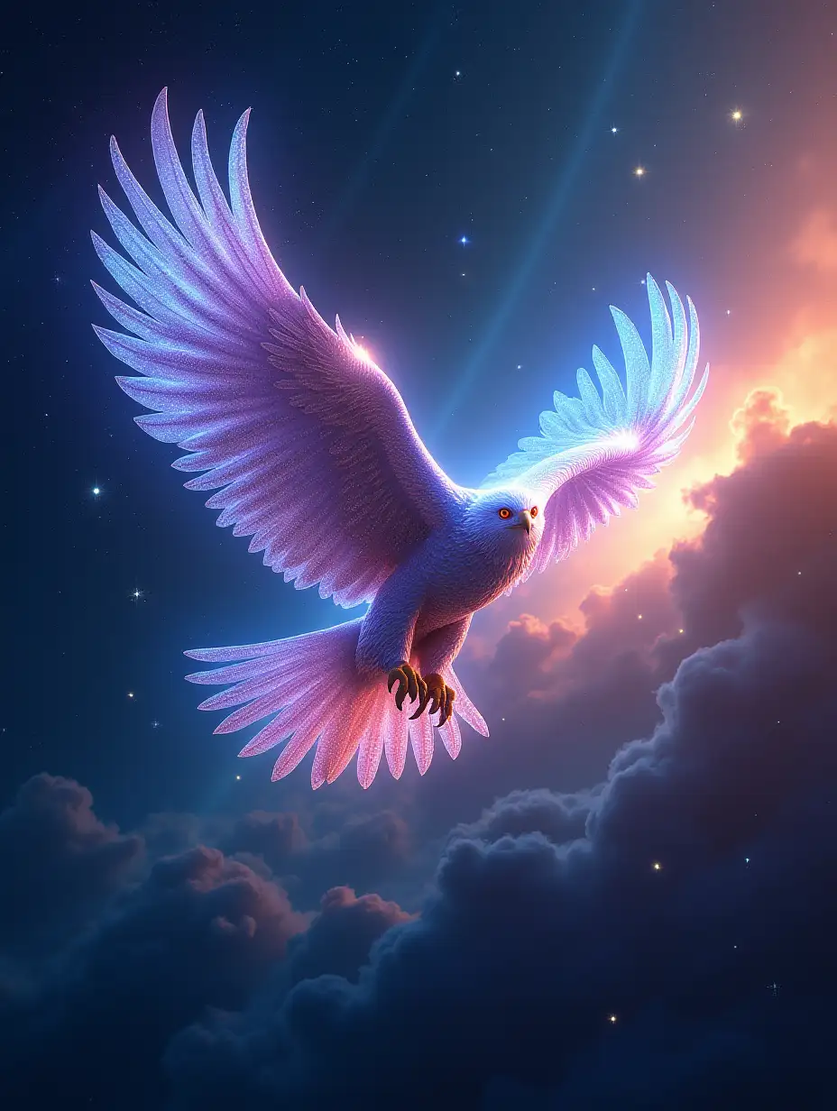 A majestic glowing cosmos eagle soaring through the vast expanse of space. Its feathers shimmer like a vibrant nebula, blending colors of blue, purple, pink, and gold, with delicate streaks of light flowing from its wings like trails of stardust. The eagle's eyes glow with an intense cosmic light, illuminating its surroundings. The background features a vivid view of outer space, filled with countless stars, distant galaxies, and colorful clouds of interstellar gas, creating a surreal and awe-inspiring atmosphere.