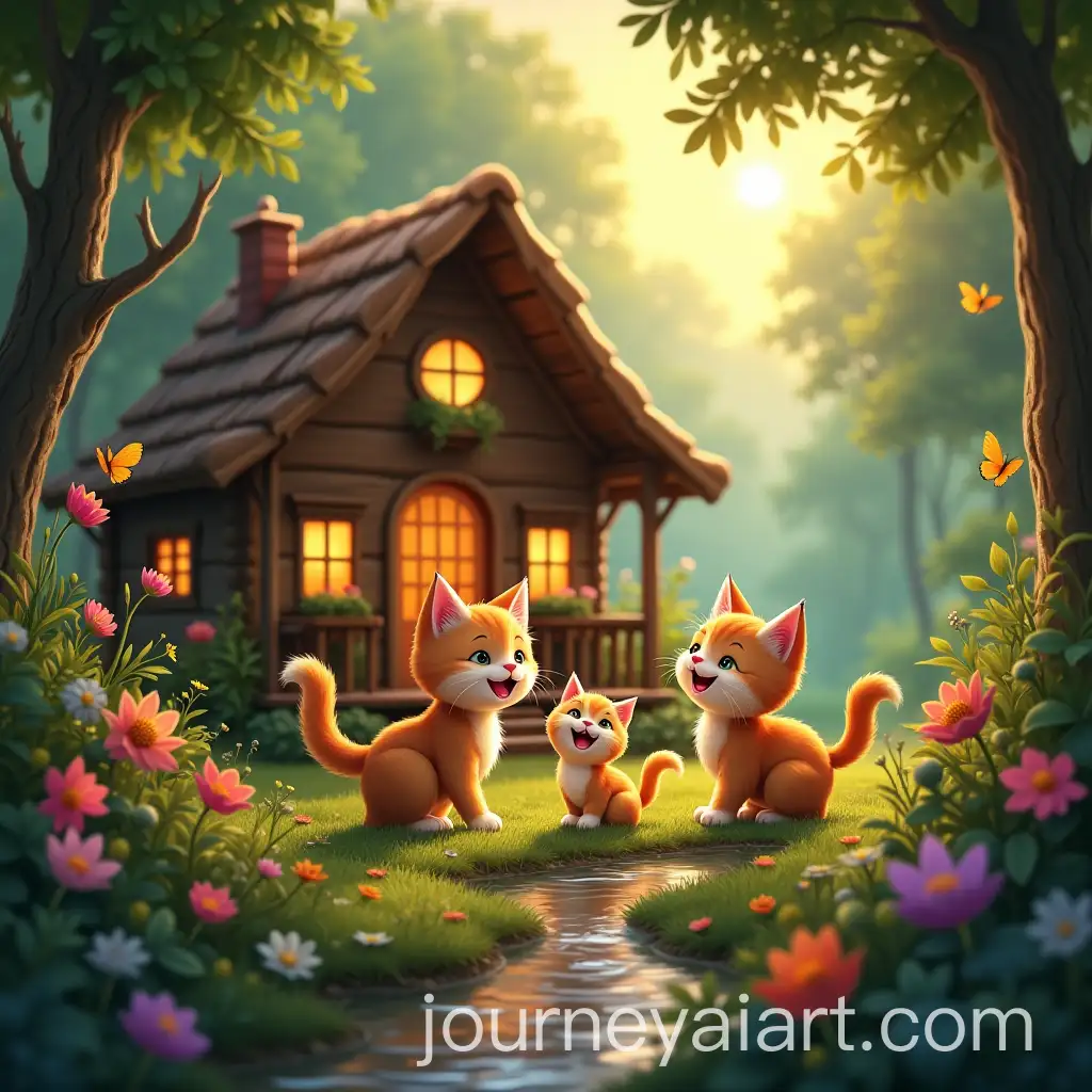 Happy-Cat-Family-Playing-in-Enchanting-Jungle-with-Cozy-Wooden-Home