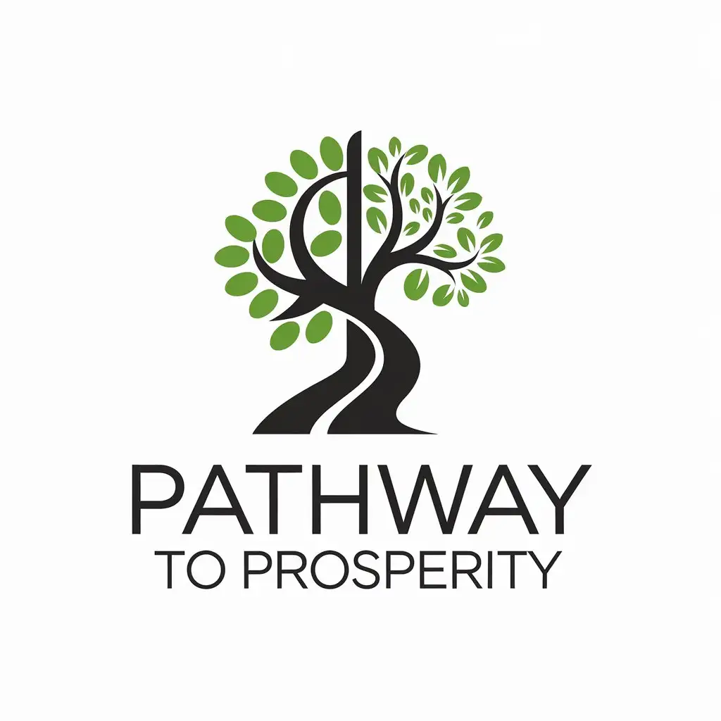 LOGO Design for Pathway to Prosperity Minimalistic Black Tree with Green Leaves and Winding Road