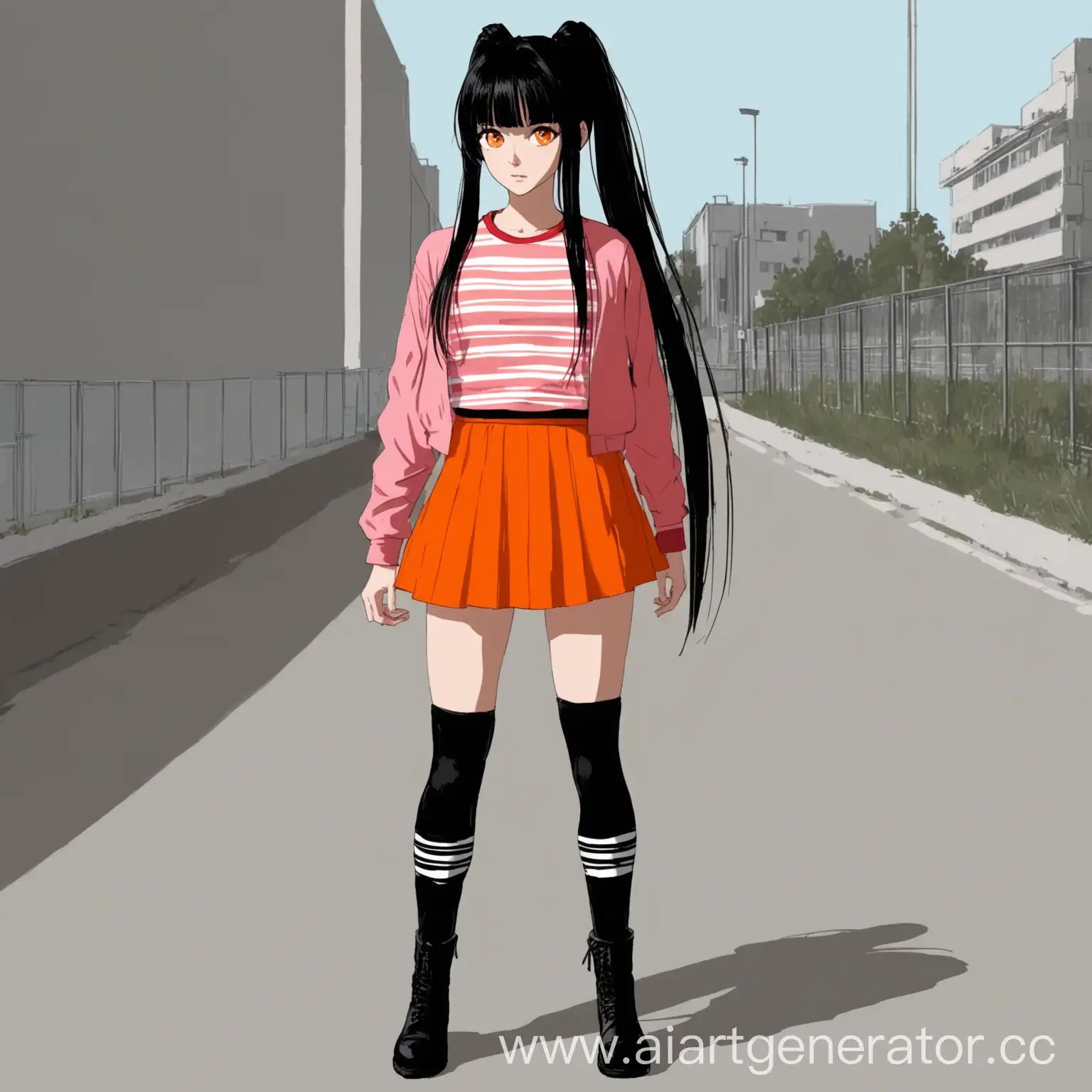 Girl with two long black straight ponytails, with straight bang, with long straight side hair up to the waist. With orange eyes. In stripped white and red t shirt. In pink jacket. In orange skirt. With very hight socks. In hight boots. Outside