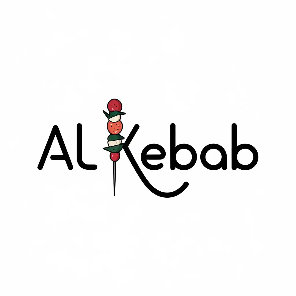 LOGO Design for Al Kebab Bold Font with Skewer and Kebab Ingredients Integration