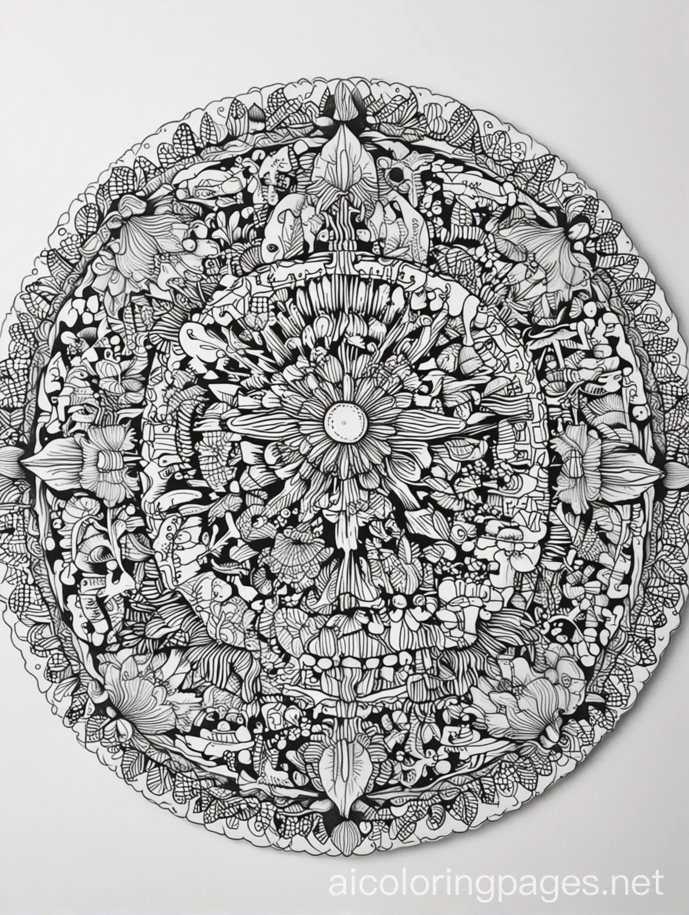 mushroom mandala with enough space to color, Coloring Page, black and white, line art, white background, Simplicity, Ample White Space. The background of the coloring page is plain white to make it easy for young children to color within the lines. The outlines of all the subjects are easy to distinguish, making it simple for kids to color without too much difficulty