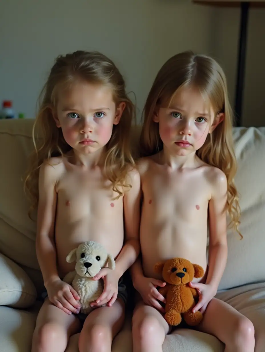 Two-Skinny-Girls-Holding-Stuffed-Animals-on-Couch-in-Playroom-with-Worried-Expressions