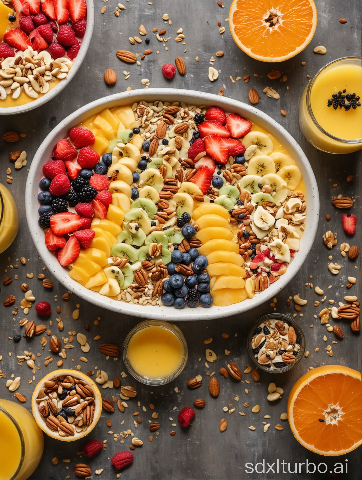 A beautifully arranged breakfast table showcasing two colorful smoothie bowls topped with sliced fruits, nuts, and seeds, surrounded by fresh whole fruits and a glass of orange juice, inviting a sense of health and vitality.