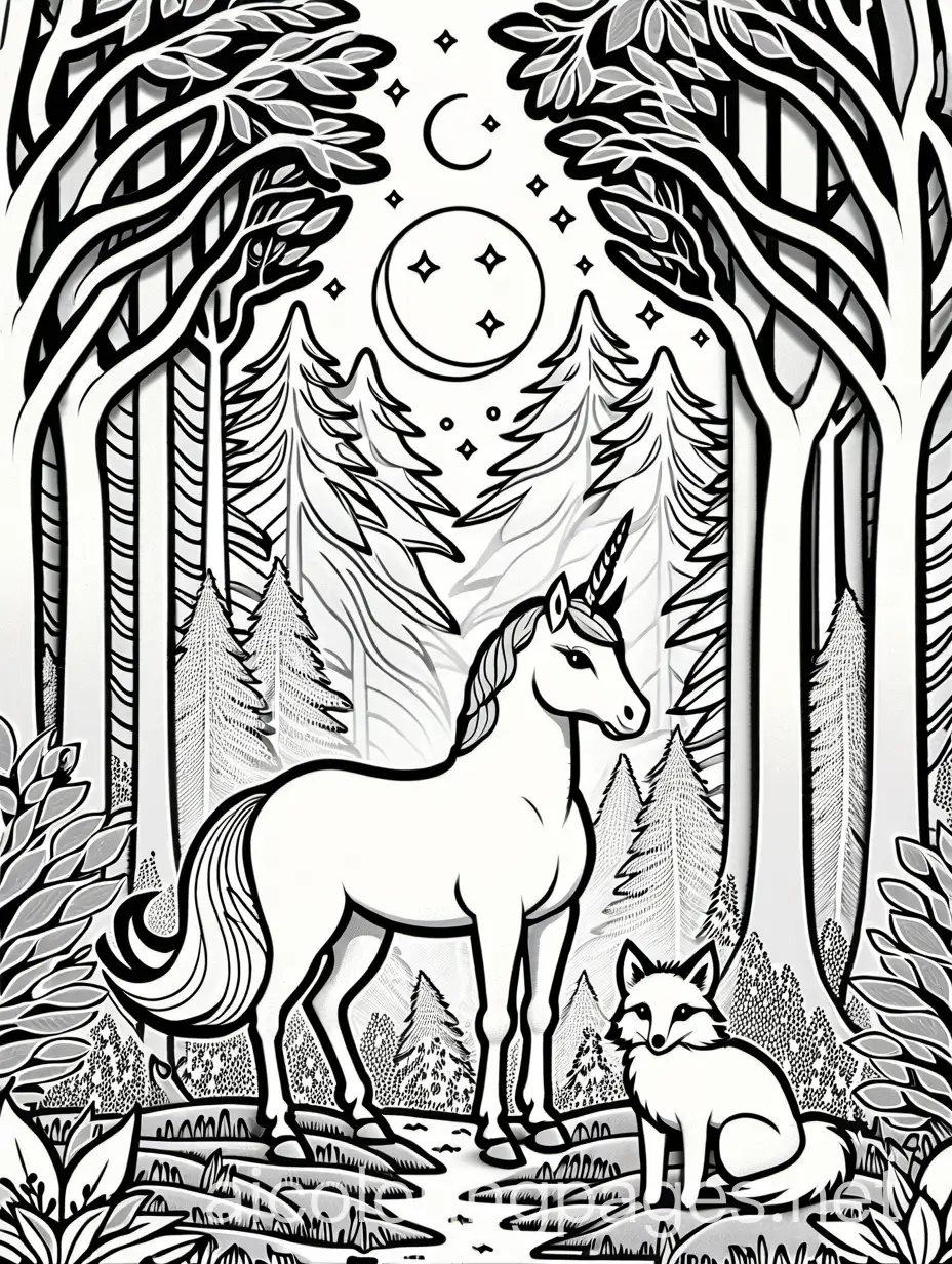 unicorn with magical woodland owl and fox in a forest for kids , Coloring Page, black and white, line art, white background, Simplicity, Ample White Space. The background of the coloring page is plain white to make it easy for young children to color within the lines. The outlines of all the subjects are easy to distinguish, making it simple for kids to color without too much difficulty