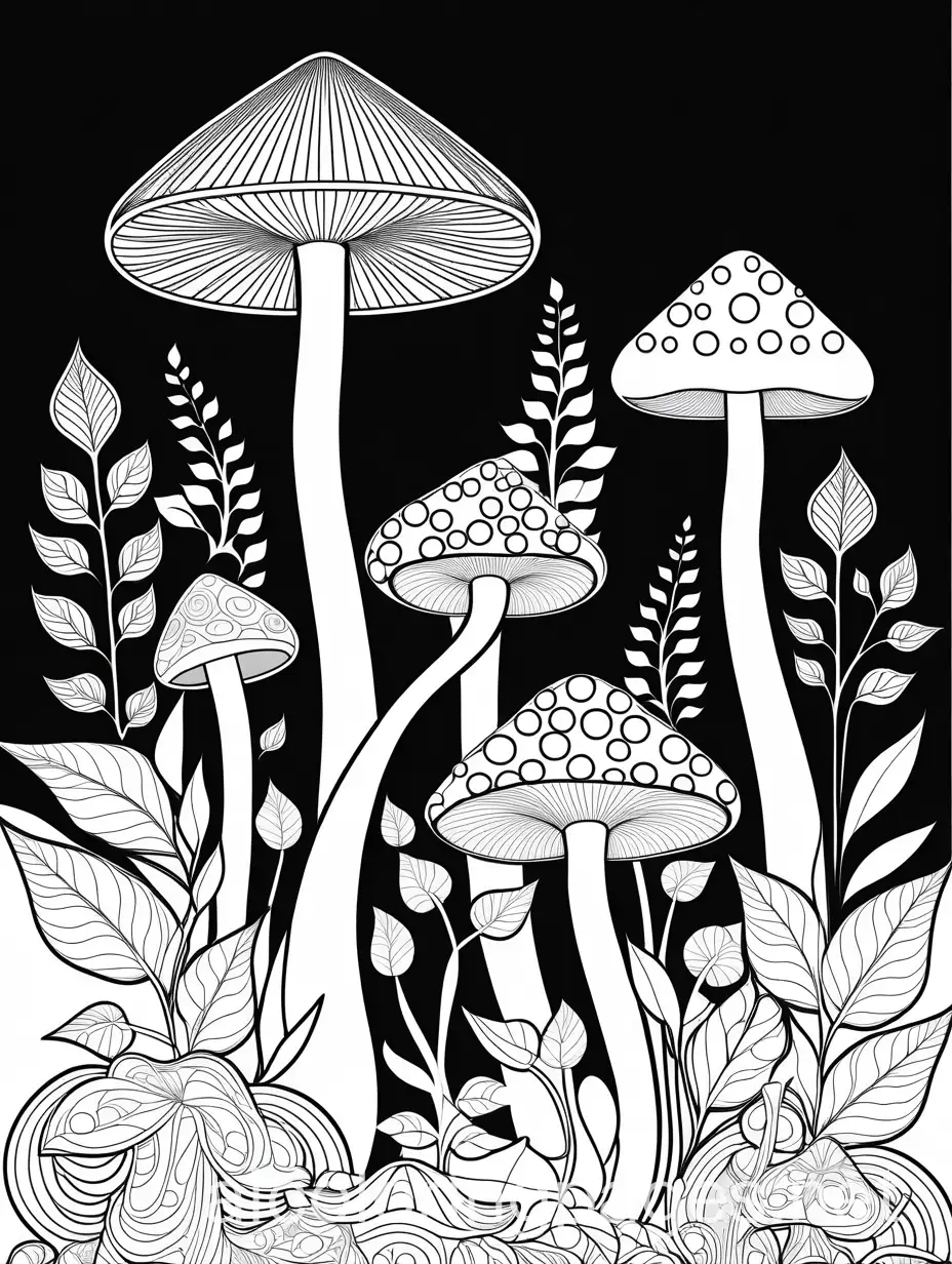 Geometric-Mushrooms-Coloring-Page-with-Fractal-Patterns-and-Ample-White-Space