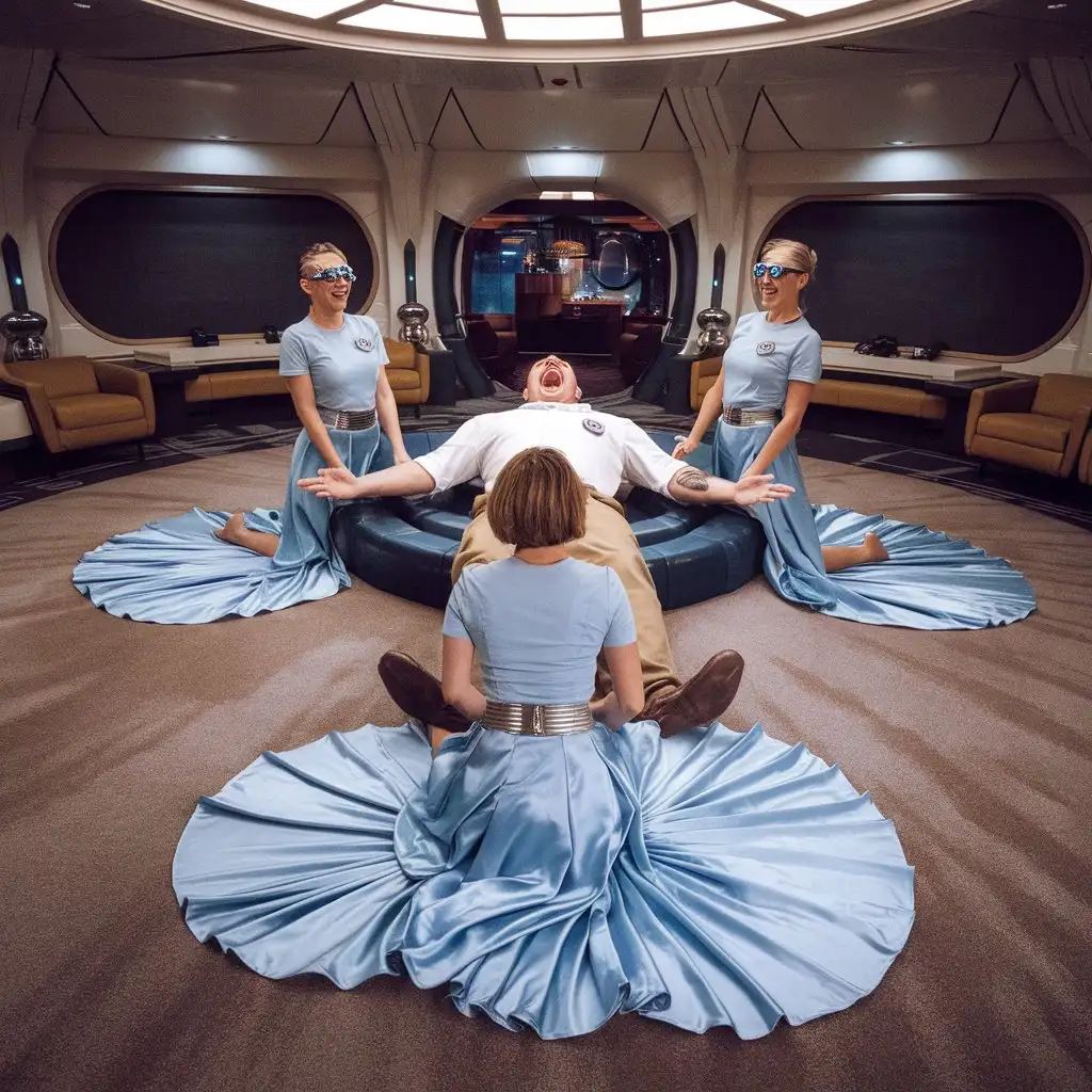 A view from the ceiling. A very large lounge room on a luxury spaceship. In the centre is a really huge futuristic padded carpet. A hysterically laughing man is lying on his back on massive circular carpet on a luxury spaceship with stars outside the window. His arms and legs are covered. Two women are kneeling on each of his arms. the women are smiling and watching. they are wearing light blue tee shirts with badges, wide silver belts, a very long light blue satin circle skirts. . They are wearing futuristic spectacles. Their long satin skirts are spread out in circles, which cover the mans arms. A beautiful woman with short hair is kneeling on his chest. Her back is to the camera. . She is wearing a light blue tee shirt with a badge, wide silver belt, a very long light blue satin circle skirt. The skirt is spread around her in a circle. All three women are wearing long skirts spread out in wide circles. The mans arms are covered by the womens skirts. His legs are not visible.