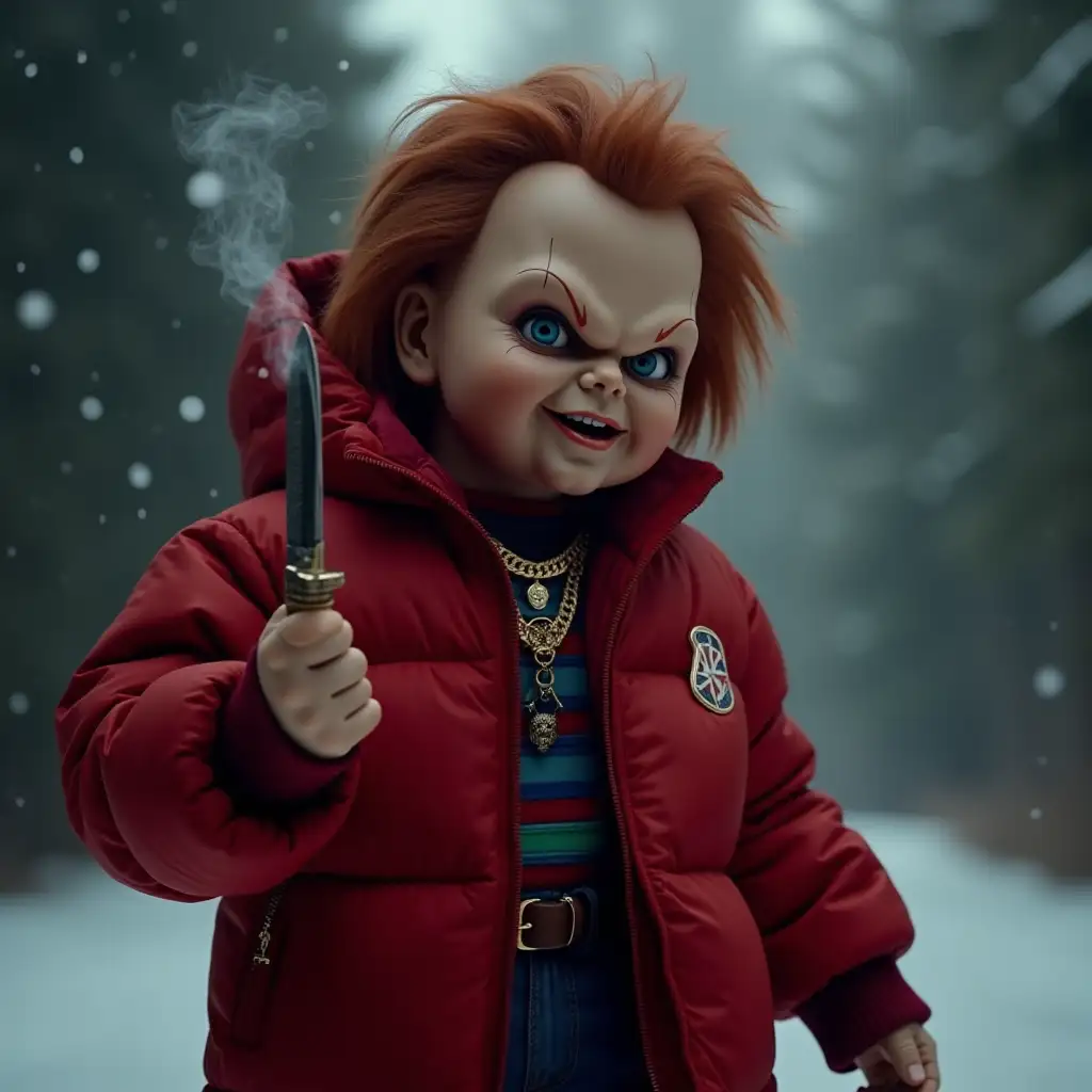 Chucky from childs play, he wears a red Moncler puffer jacket, he holds a swiss pocket knife in his right hand, he holds a big cigar in his other hand, he wears gold jewelry, smokey background, winter background