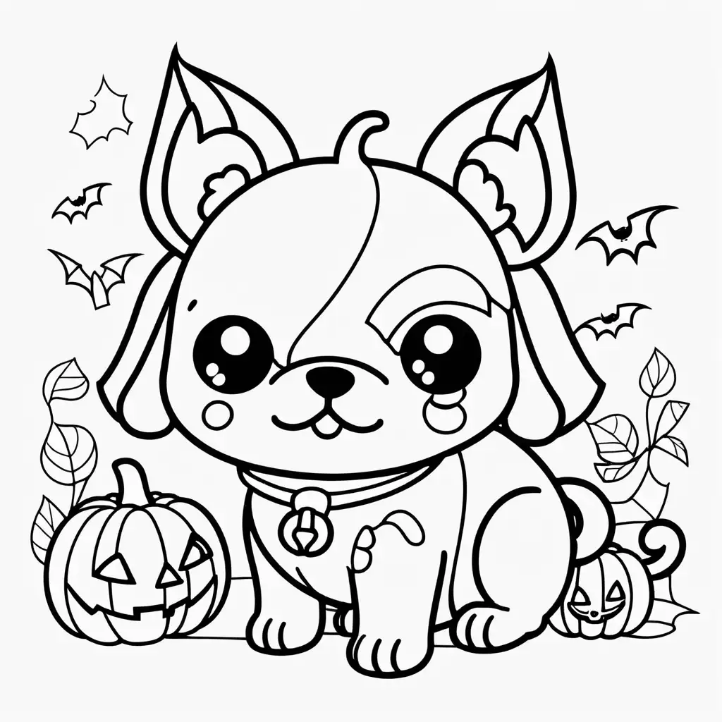 Cute Kawaii Style Halloween Dog Coloring Page for Adults and Teens