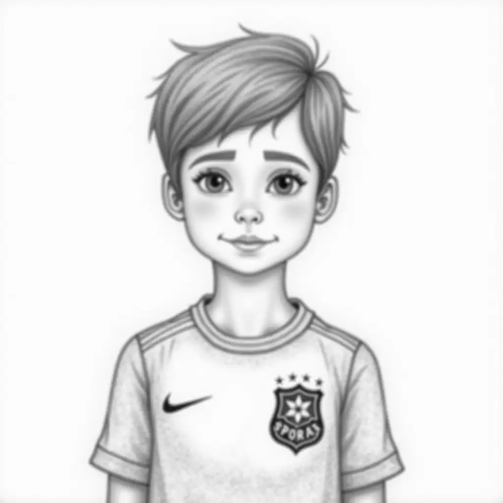 A pencil drawing of a 10 year old boy with short hair in a t-shirt with the logo of the football club Spartak. Image head-on, to the shoulders.